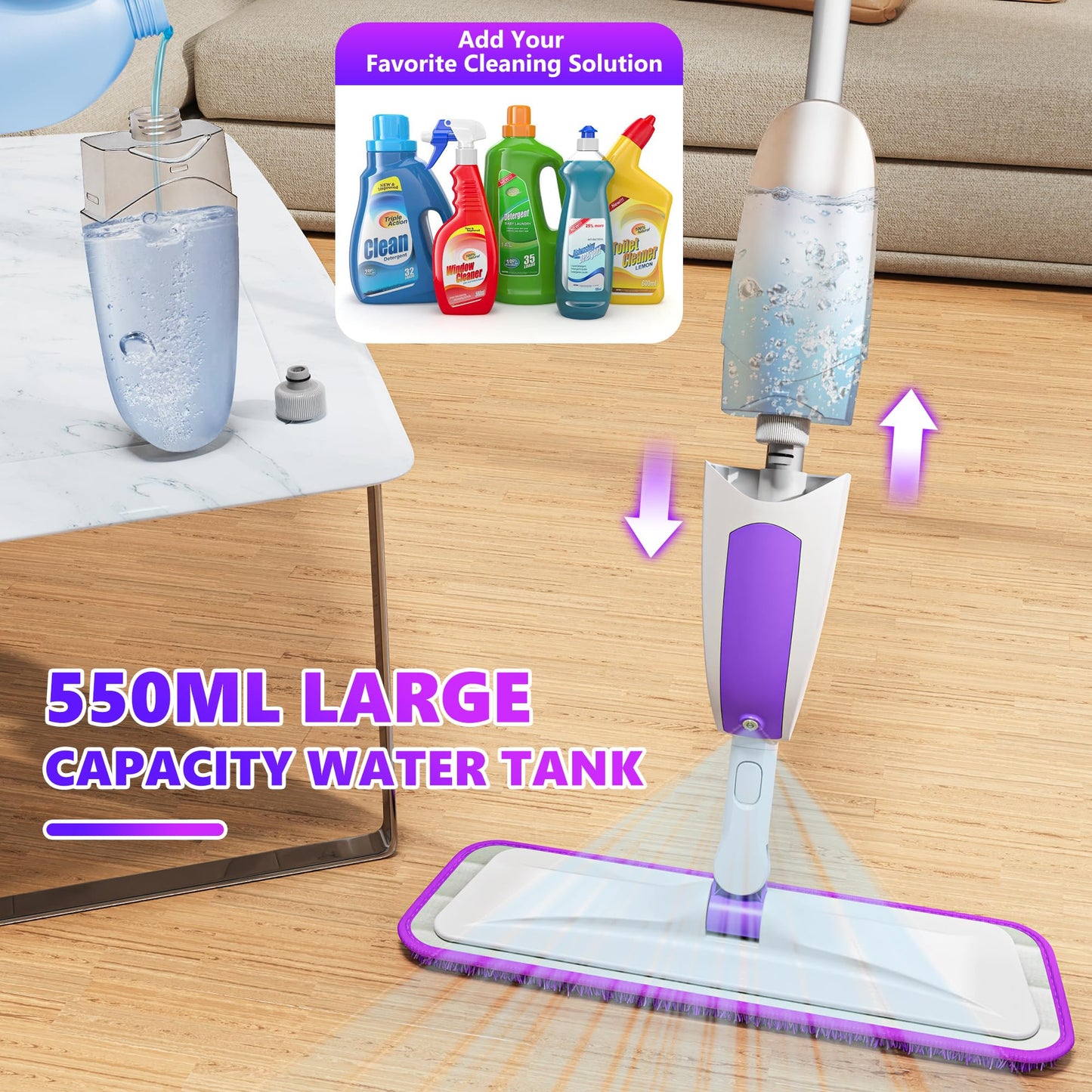 Wischer mit Sprühfunktion Sprühwischer - SEVENMAX Wischmopp Bodenwischer mit Sprühfunktion und 3 Mikrofaser Bezug 550ML Wassertank Spray Mop für Fliesen Laminat Parkett Holzböden Schnelle Reinigung