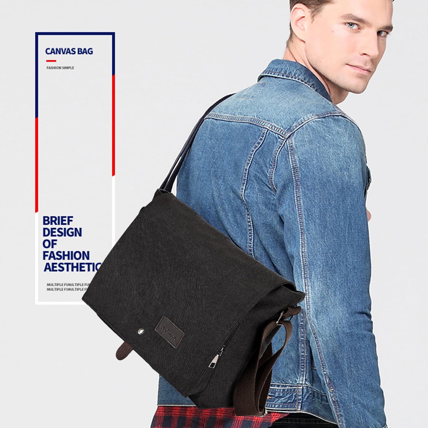 Leathario Umhängetasche Herren,Messenger Bag aus Canvas,Aktentsche Studententasche Laptoptasche 14 Zoll,Schultertasche Kuriertasche Herrentasche Collegetasche Uni Studenten Schwarz