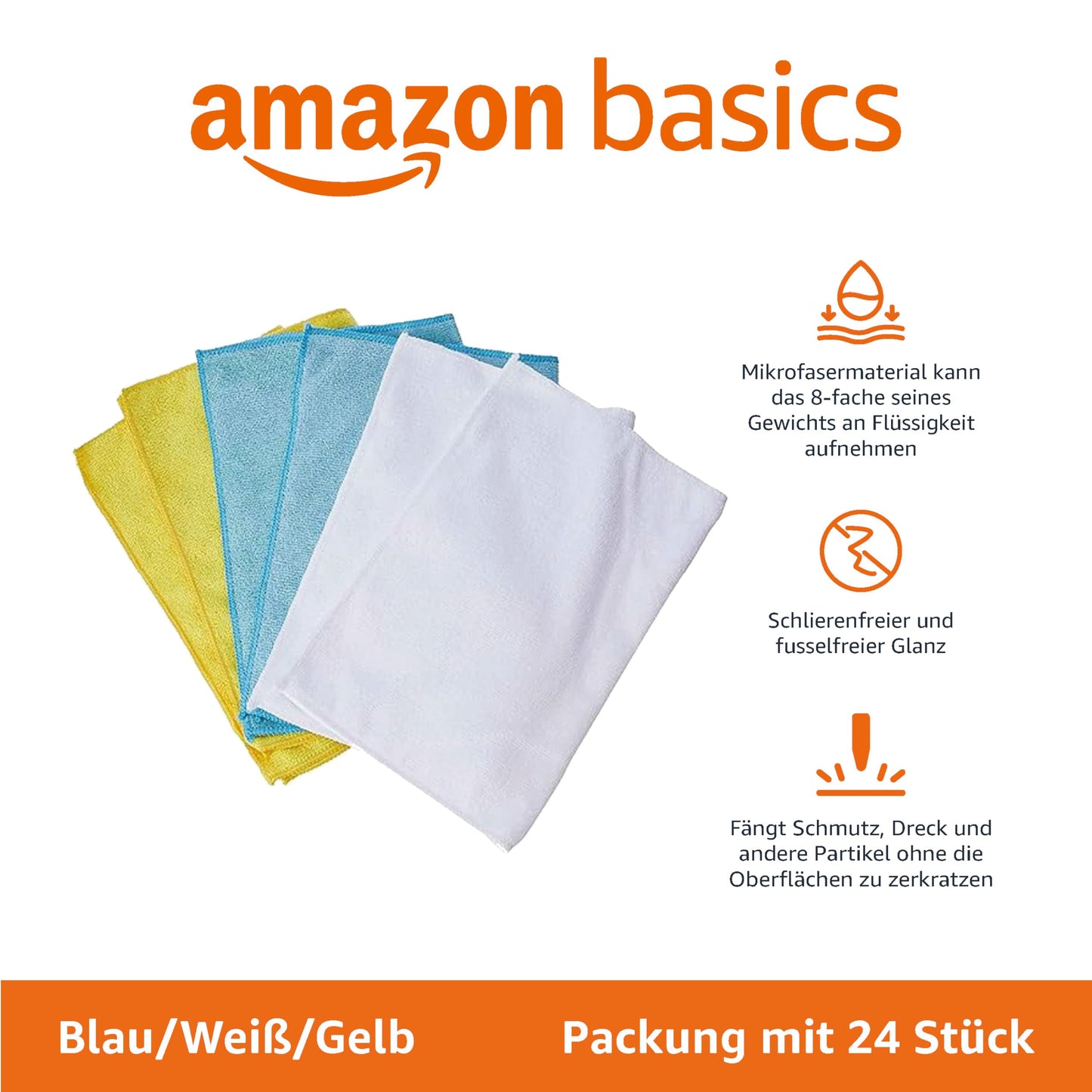 Amazon Basics Mikrofaser - Reinigungstuch, 30 x 41 cm, 24 Stück, 40.5 cm x 30.5 cm, Mehrfarbig
