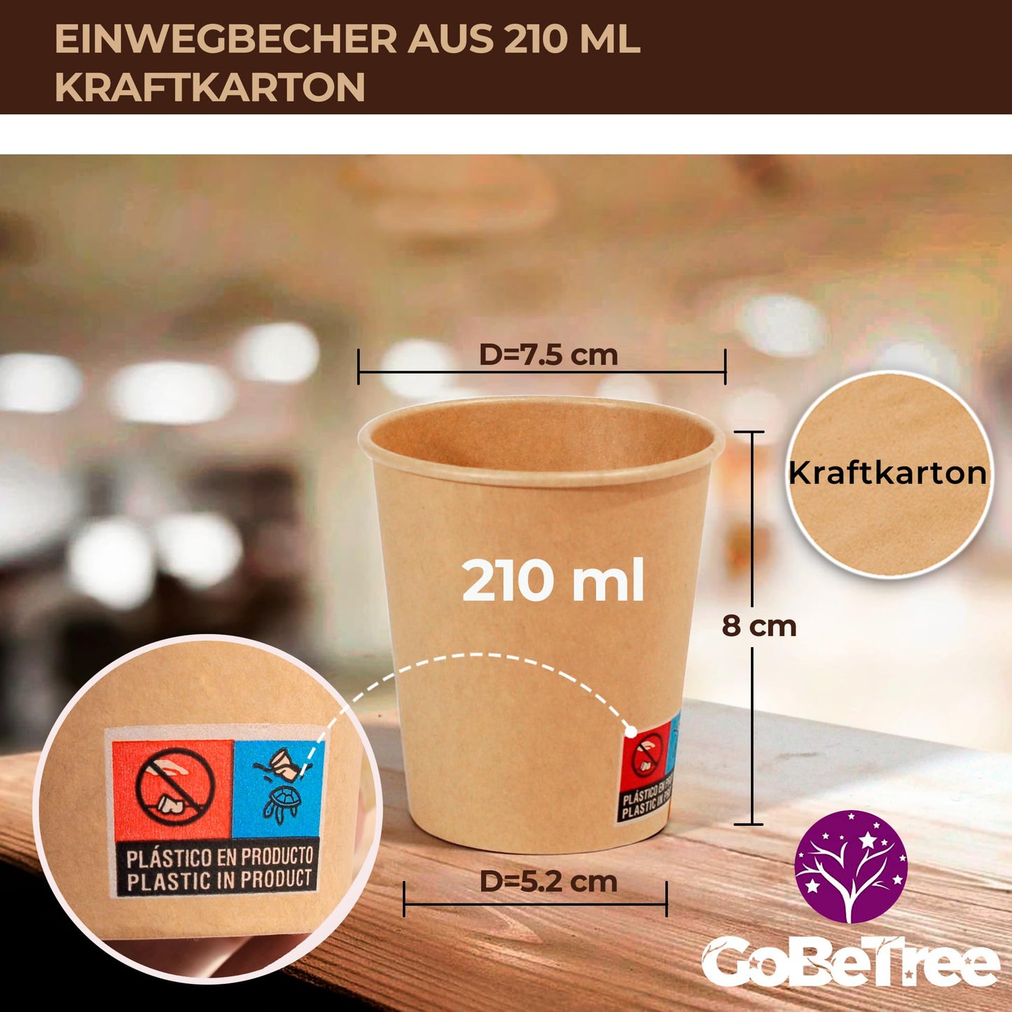 100 Einweg-Kraftpapierbecher 210 ml / 7 oz. Robust, auslaufsicher. Ideal für Kaffee, Tee und Erfrischungsgetränke. Geruchsfrei. Kraftbecher