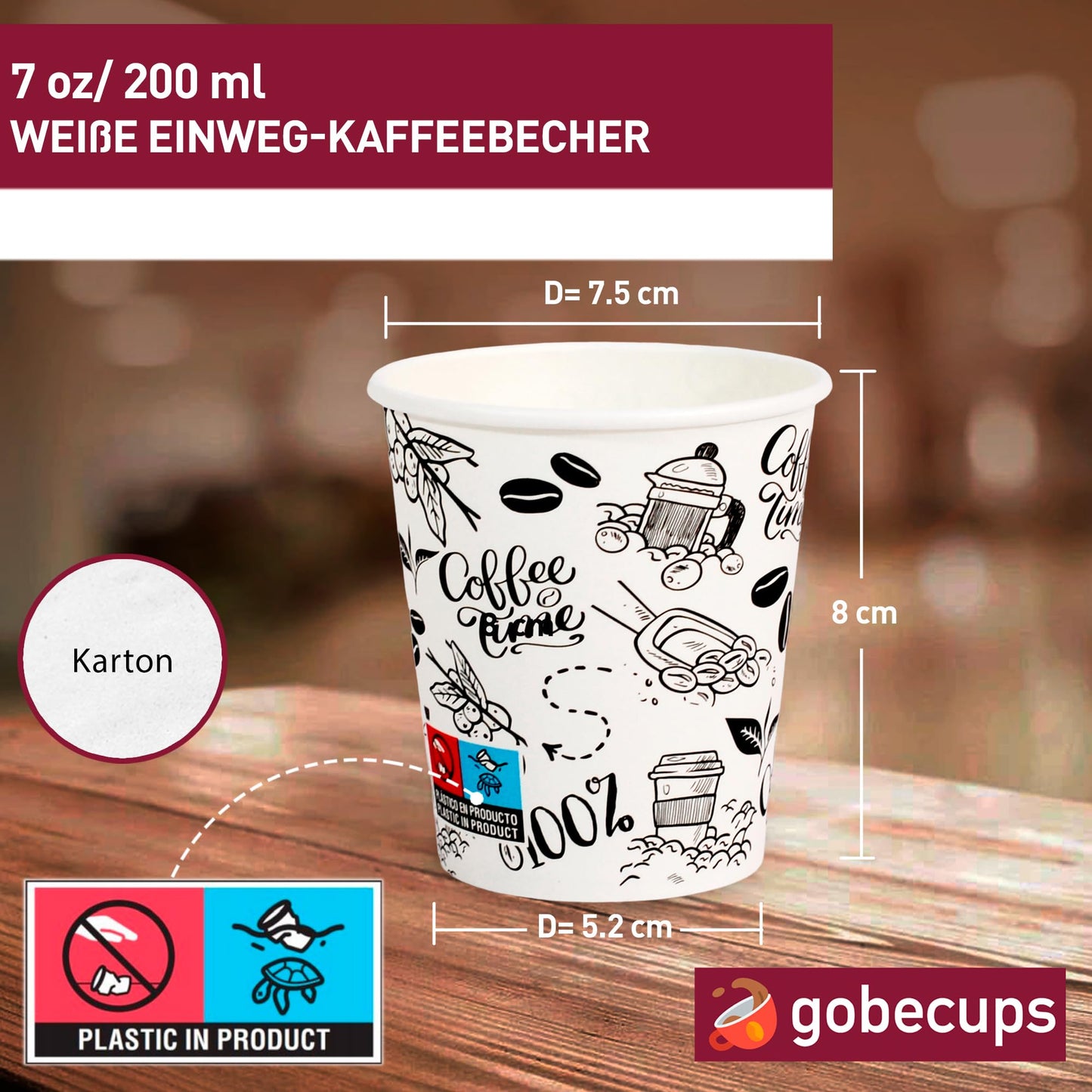 gobecups 100 Weiße Pappbecher 200 ml / 7 oz für Kaffee und Mehr, kaffeebecher pappe, kaffebecher, kaffeebecher einweg