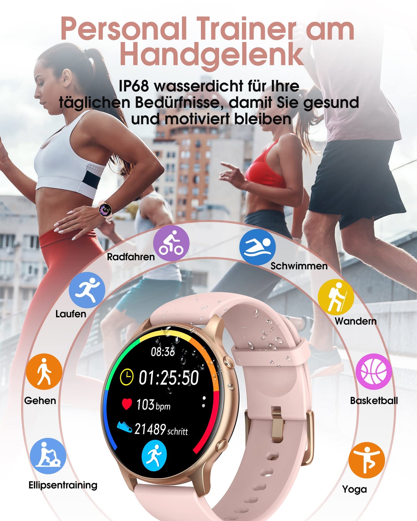 TUYOMA Smartwatch für Damen, IP68, wasserdicht, 3,3 cm (1,3 Zoll), Touchscreen, Sportuhr mit Oxymeter, DIY Zifferblatt, Schlafüberwachung, Schrittzähler, Pulsmesser für Android iOS
