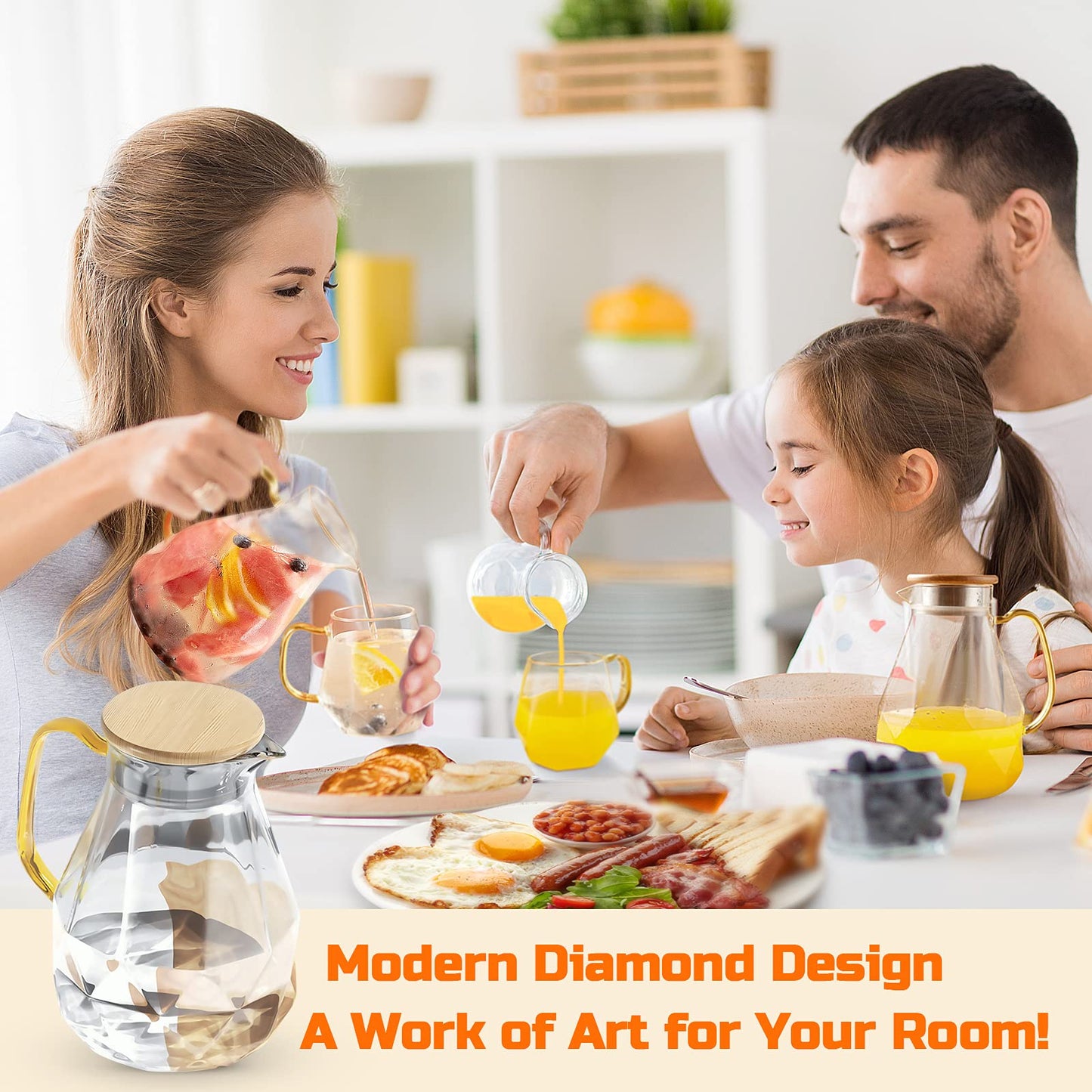DUJUST Glaskaraffe mit Bambus Deckel 2 Liter, Wasserkaraffe im Modernen Diamant Design, Glaskrug mit Griff für Fruchteinsatz, langlebig Hitzebeständig Wasserkrug für Eistee/Milch/Kaffee