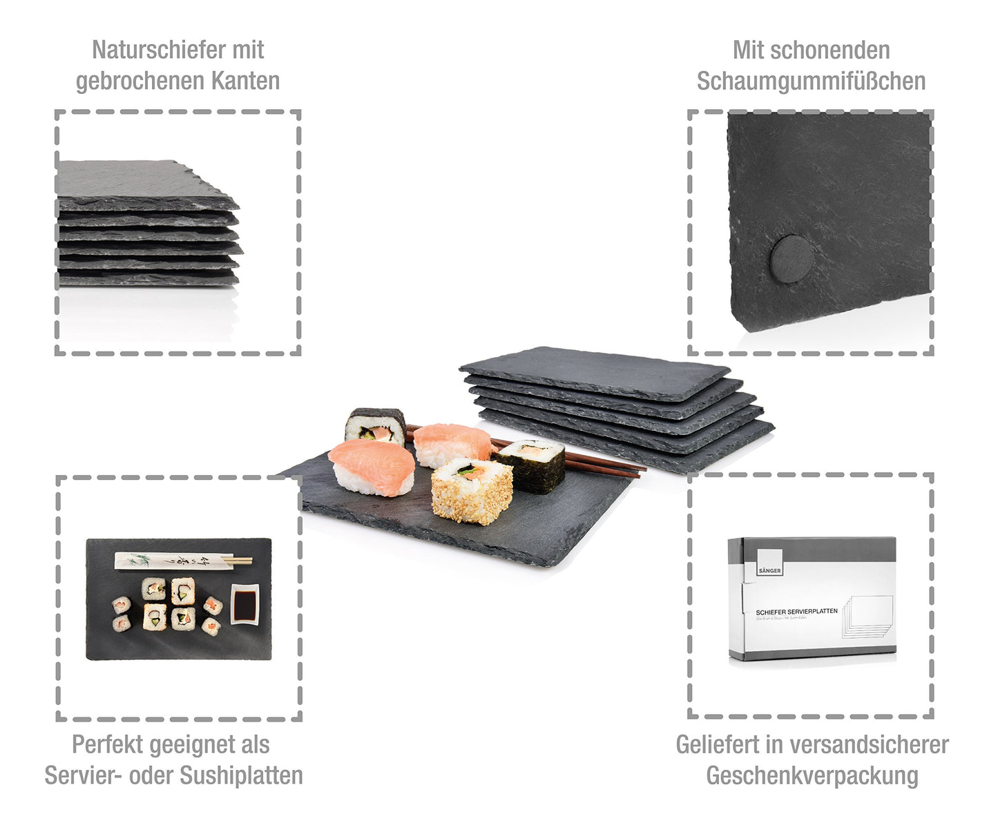 Sänger | Schieferplatte im 6er Set, Teller Set eckig, Servierplatte rutschfest, Deko Tablett, Sushi Set aus Schiefer, Kuchenplatte, Dessertteller, Servierteller, Sushi Geschirr | 22 x 16 cm