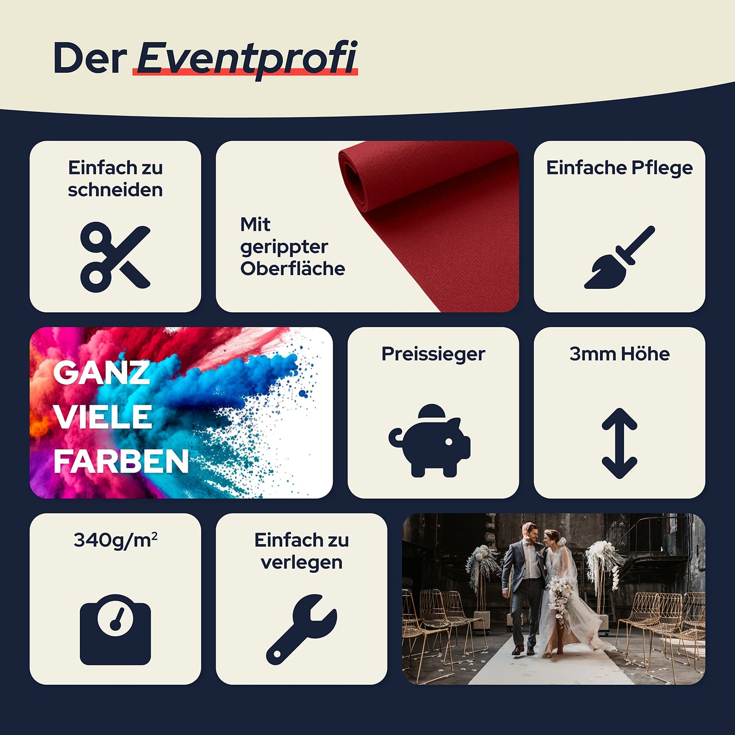 Primaflor Event-Teppich Meterware Dublin - Schwarz, 1,00m x 2,50m, Viele Farben, Schwer Entflammbarer Hochzeits-Läufer, B1 Messeteppich, Gangläufer