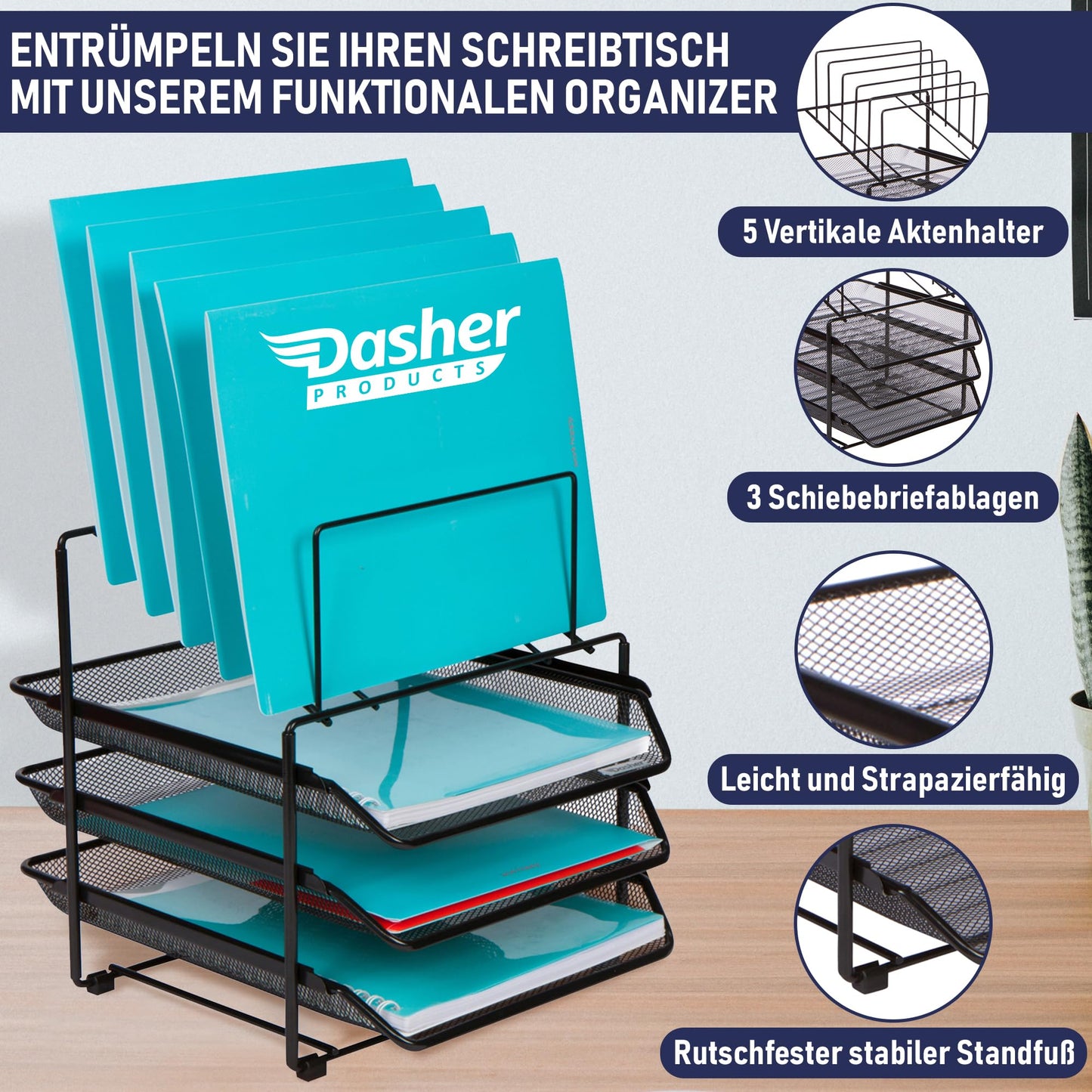 Schreibtisch-Organizer & Aufbewahrung in Netzoptik – Büroorganizer mit 3 herausschiebbaren Papierfächern und 5 vertikalen Aktenfächern, Papierfach aus Stahl in Netzoptik zur Schreibtischorganisation