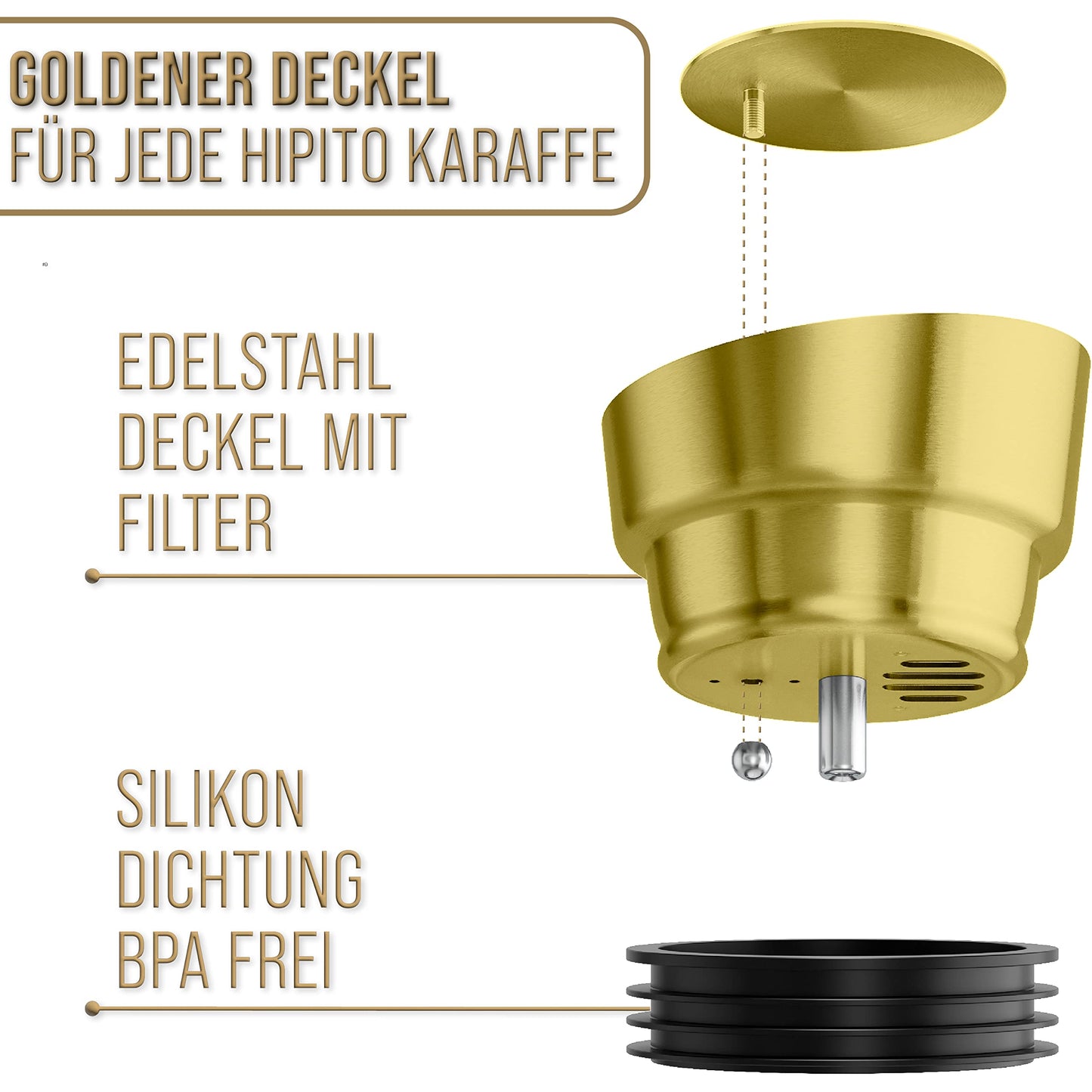 HIPITO Glaskaraffe Ersatz Deckel Gold - Vivi - passend für alle HIPITO Karaffen - spülmaschinenfest