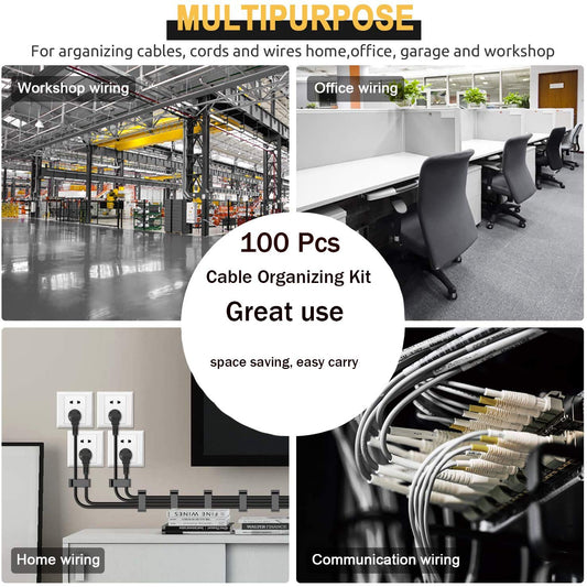 MiuCo Kabelmanagement Schreibtisch Kit mit 50Stk Kabelbinder Klettband+40Stk Kabelklemme/KabelClips+10Stk Kabelhalter Selbstklebende Kabelschellen, Kabel Management Organizer Kit für Schreibtisch
