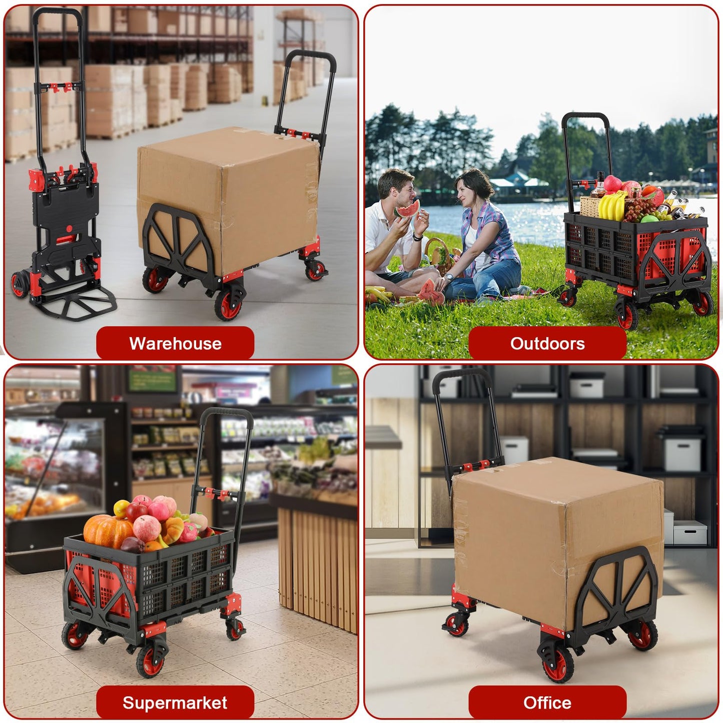 2-in-1 Sackkarre und Plattformwagen mit Klappbox, Transportwagen max. 150 KG, Transportkarre max. 75 KG, 2 Spanngummis mit Haken, 3-stufig Höhenverstellbar, für Transport, Einkaufen, Camping, Umzug