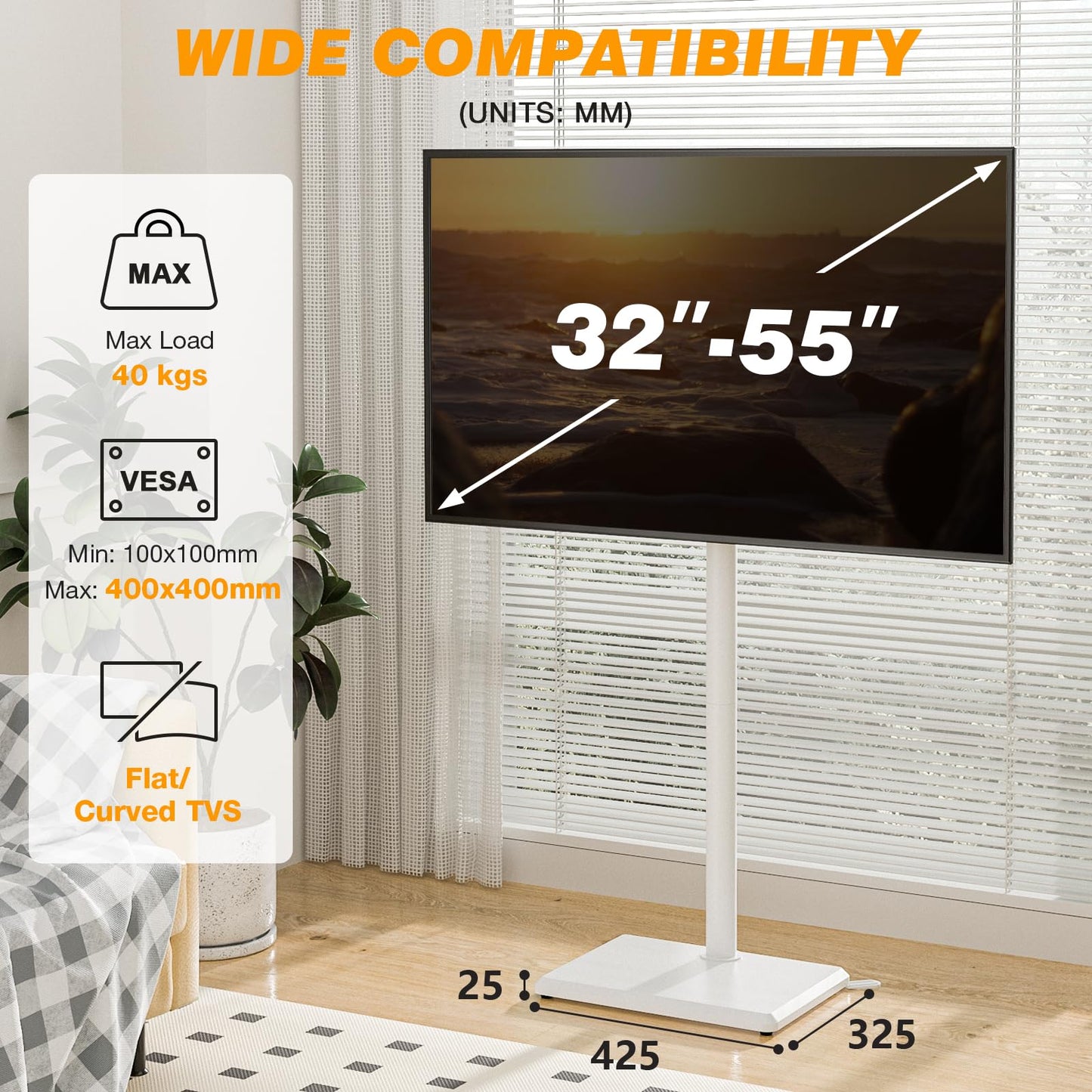 TVON TV Ständer TV Bodenständer für 32-55 Zoll Fernseher Standfuß Fernsehstand höhenverstellbar schwenkbar Max. VESA 400x400 mm bis 40 kg