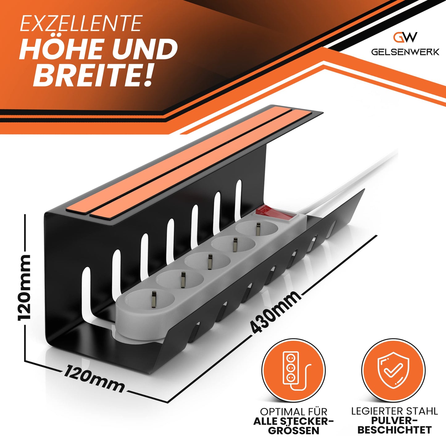 GELSENWERK® 2er Set Kabelkanal Schreibtisch Schwarz ohne Bohren - Kabelhalter 43x12x12cm inkl. Kabelschlauch - Kabelwanne für ordentliches Kabelmanagement am Arbeitsplatz und Ordnung im Büro