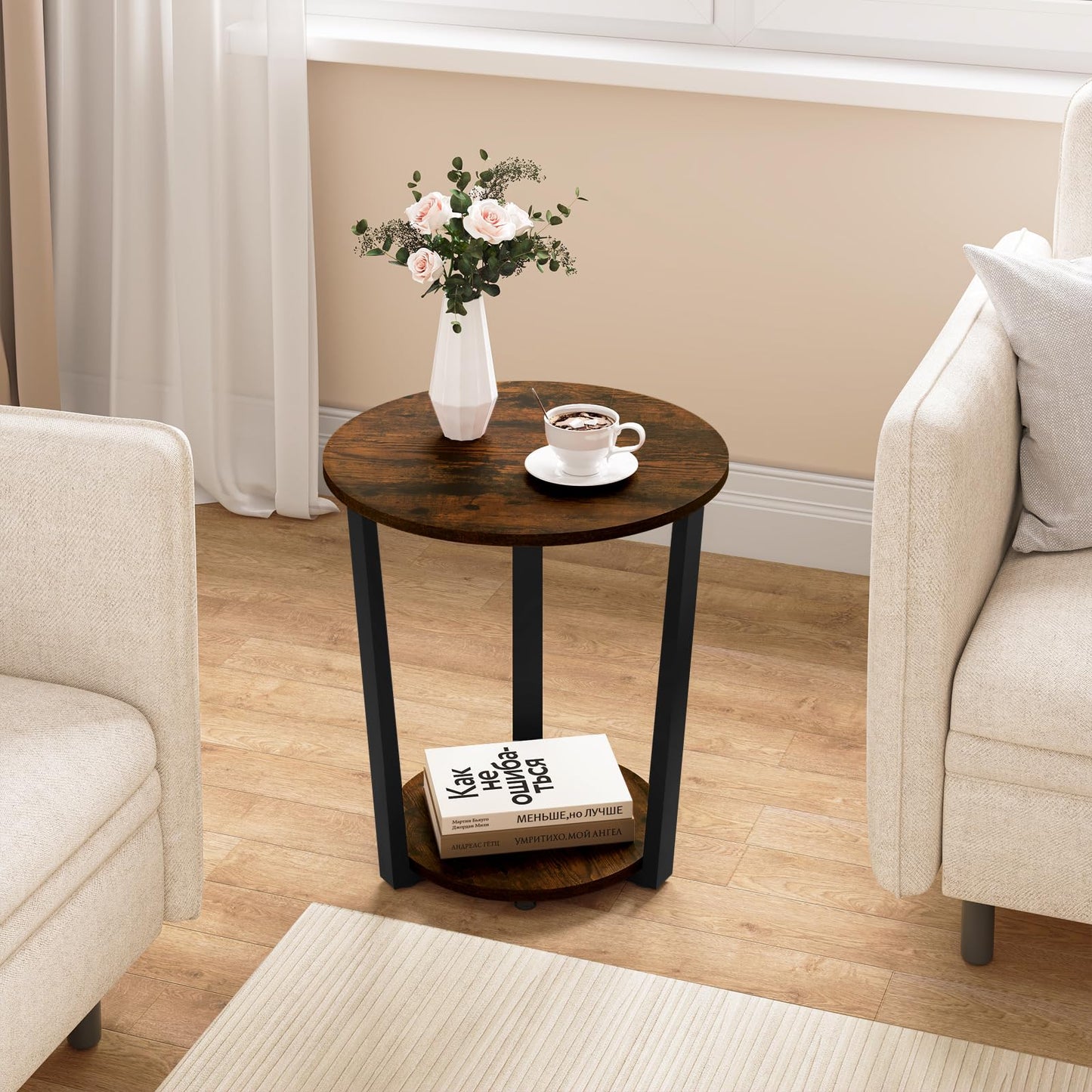 WOLTU Couchtisch rund, Beistelltisch modern, Wohnzimmertisch klein, Sofatisch mit 2 Ablagen, Wohnzimmer Tisch für Couch, Nachttisch, mit Stauraum, aus Holzwerkstoff, Rustikales Braun, BTS13vbn