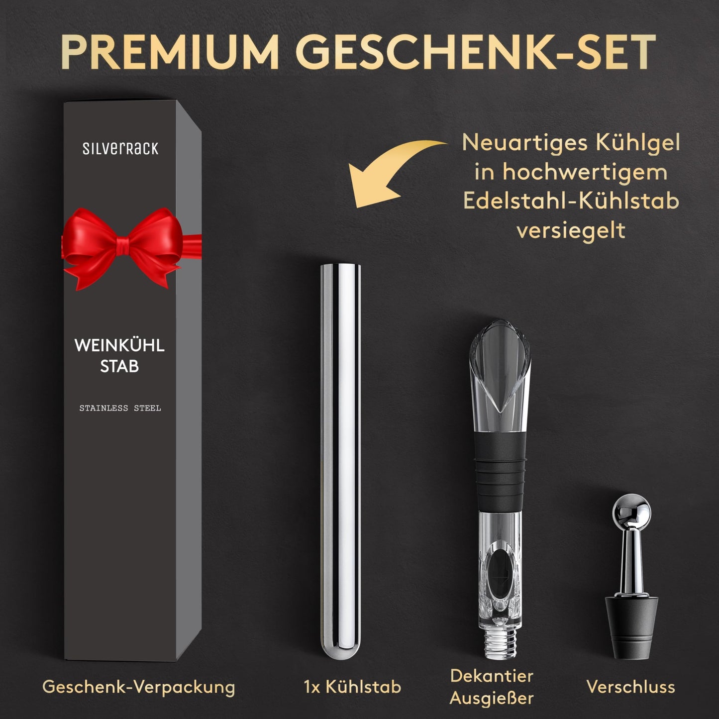 SilverRack Weinkühler Stab mit Ausgießer - Kühlstab für Weinflaschen aus Edelstahl - Wine Chiller Stick - Weinkühlstab Geschenkset - Weinstab Kühler mit Weinausgießer Set - Flaschenkühler