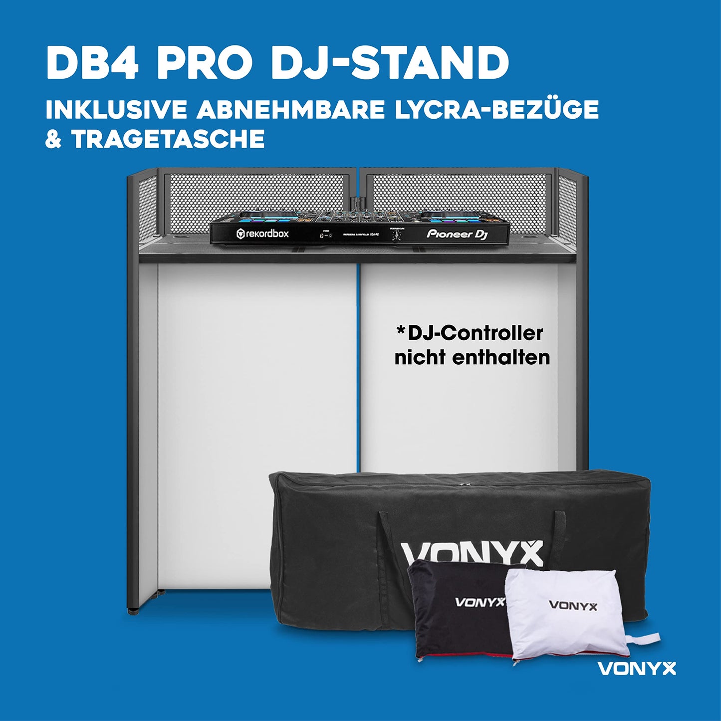 Vonyx DB4 Pro DJ Pult, faltbares DJ Tisch Mobil, Klappbar, DJ Booth mit weißer und schwarzer Verkleidung, mobiler DJ Stand, DJ Equipment für mobile DJs auf Feierlichkeiten