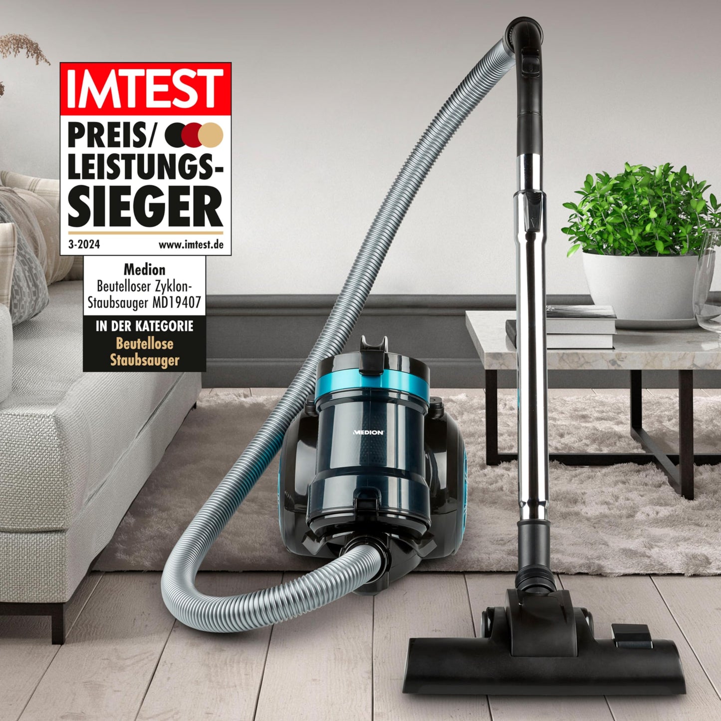 MEDION Zyklon-Staubsauger 800 Watt Leistung, 2 Liter Staubbehälterkapazität, 5 m Arbeitsradius, waschbarer EPA-Filter E12, MD 19407, blau