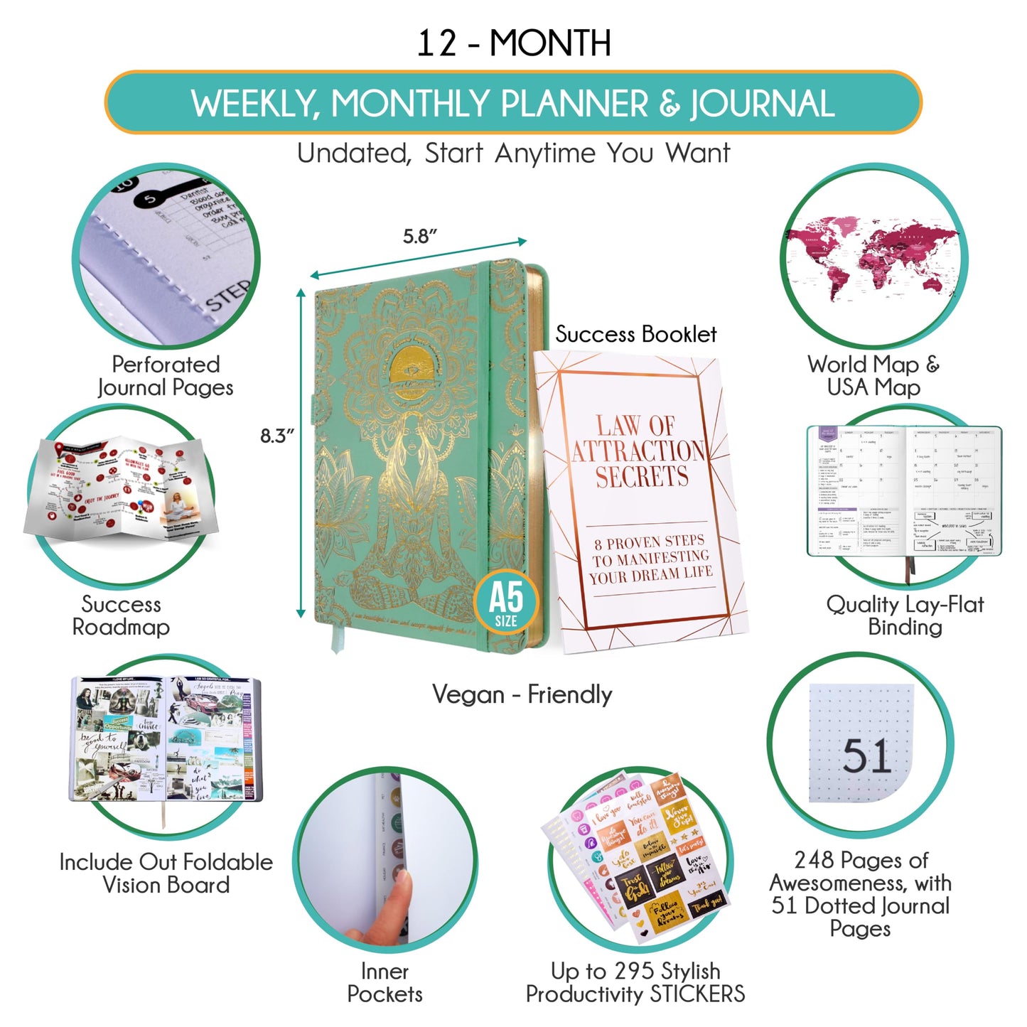Law of Attraction Life & Goal Planner Lebensplaner - Undatierte Deluxe-Wochen- und Monatsplaner, eine 12-monatige Reise zur Steigerung von Produktivität und Glück