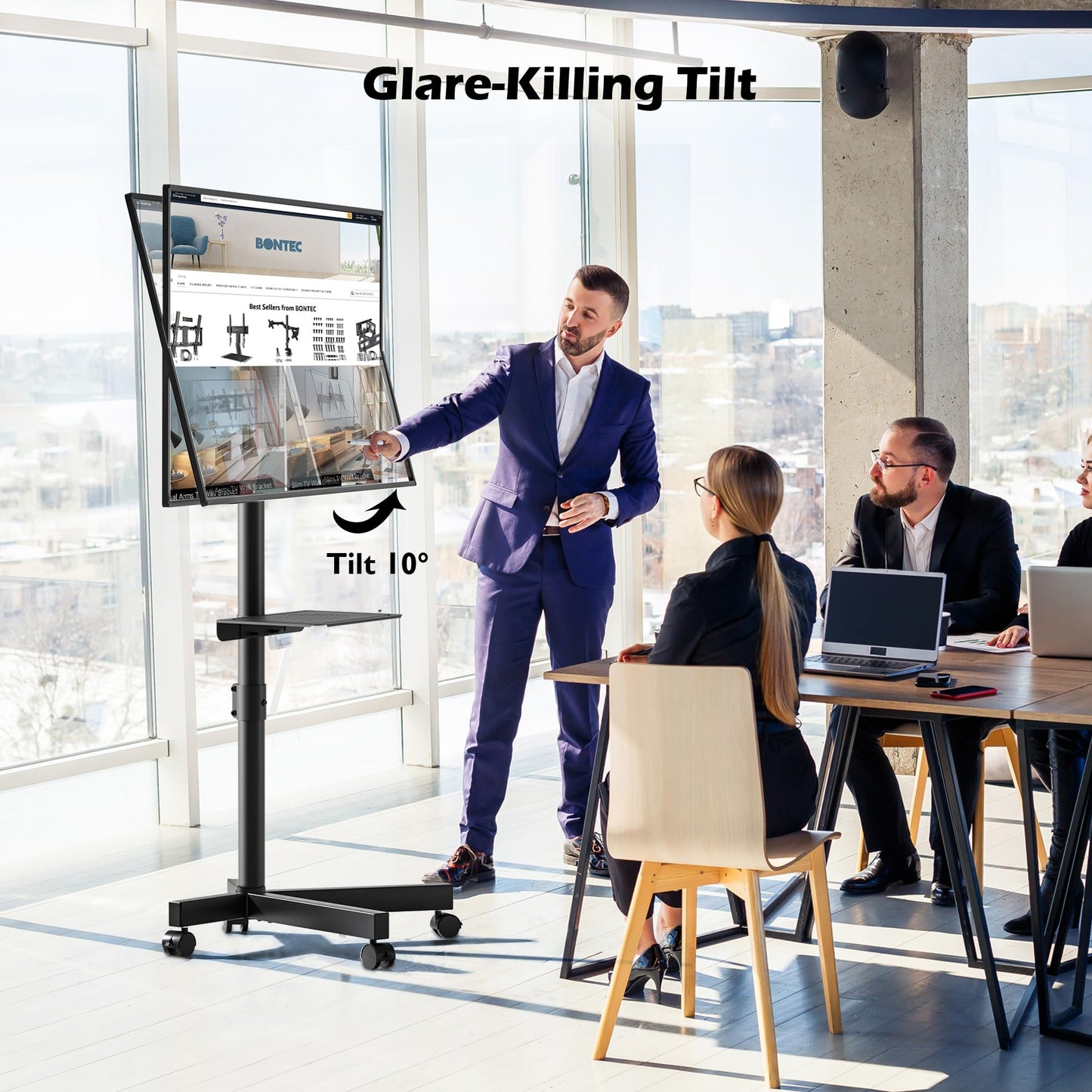 BONTEC TV Ständer auf Rollen, Neigbar, Höhenverstellbarer Rollbarer TV Ständer Rollbar mit Medienablage für 23–60 Zoll LED, LCD, OLED-Flach- und Gebogene Fernseher, hält bis zu 25 kg