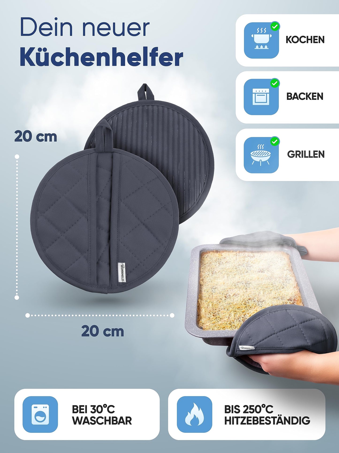 WOHNHELD® Topflappen Set (Hitzebeständig bis 250°C) weiche & waschbare Baumwolle, Ofenhandschuhe Topfuntersetzer Topfhandschuhe Rund Grau