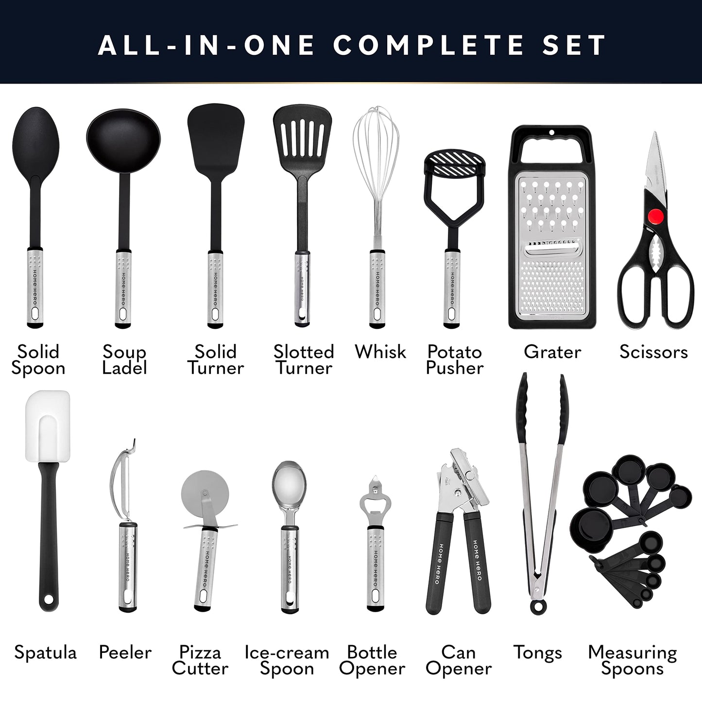 Küchenutensilien Set Kochset - Antihaft Hitzebeständiger Küchenhelfer Set - Pfannenwender Kochlöffel set - Küchen Gadgets (25-tlg Nylon Set)