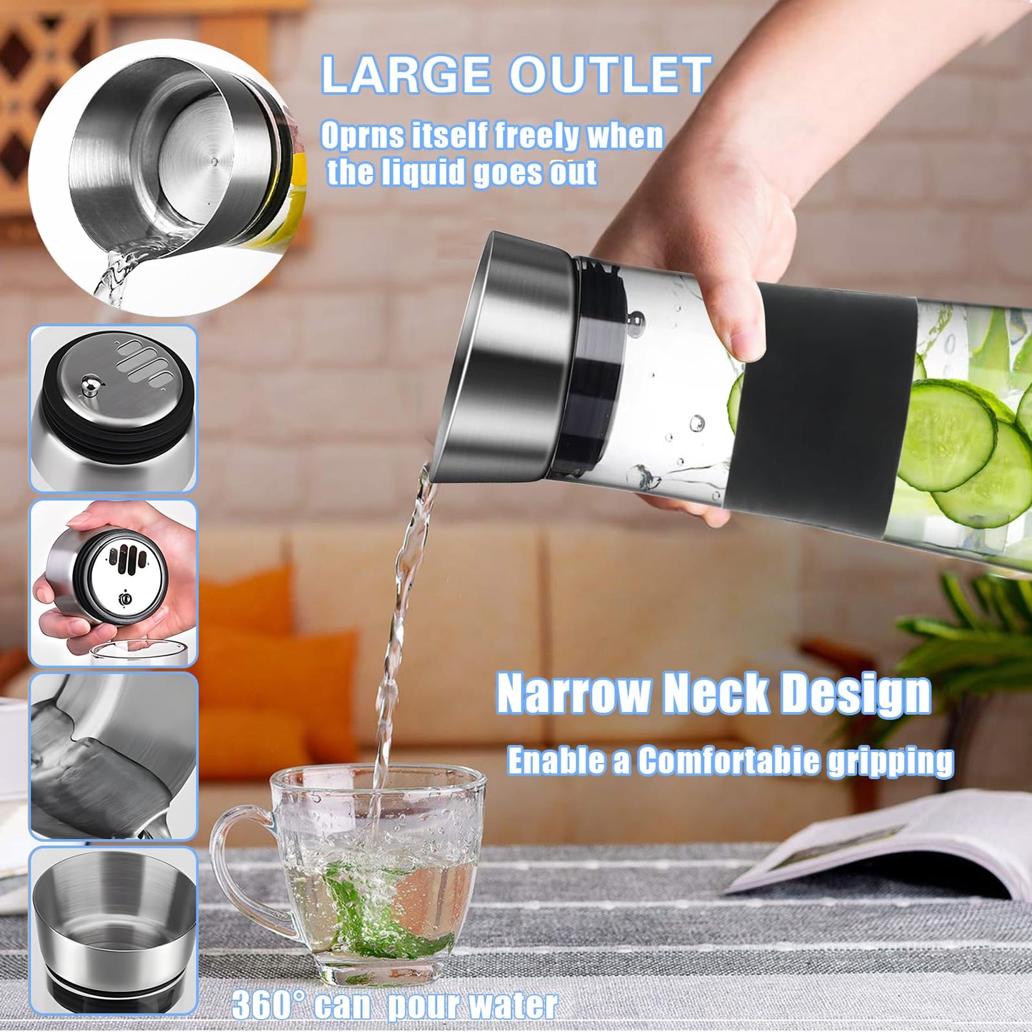 FAMKEEP Glas Karaffe,1200 ML Karaffe mit Deckel aus Edelstahl,Wasserkaraffe,Saft Krug,Glaskaraffe Benutzt für Eistee Heißes Kaltes Wasser Milch Kaffee Wein