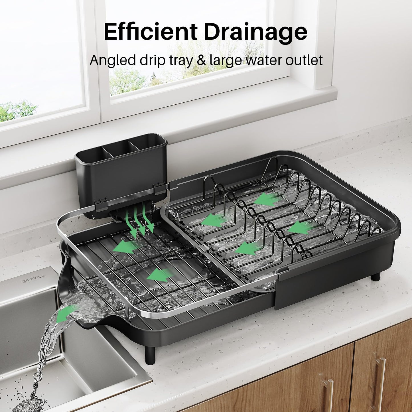 SAYZH Abtropfgestell Geschirr, platzsparender Abtropfgestell, Geschirrabtropfgestell mit Besteckhalter, Geschirrständer für die Küchentheke, Schwarz