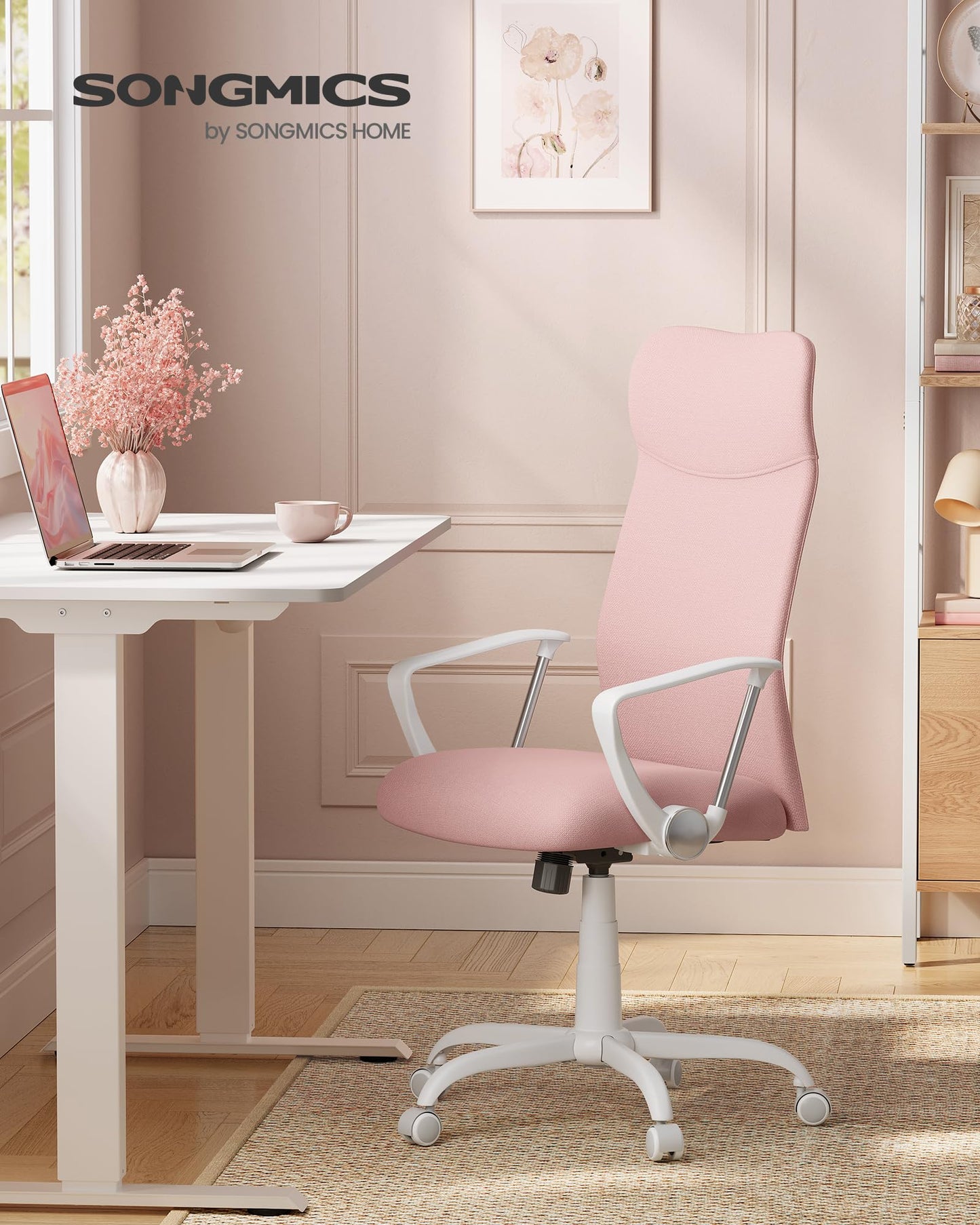 Ergonomischer Bürostuhl – Drehstuhl mit S-förmiger Rückenlehne & Wippfunktion, Pastellrosa