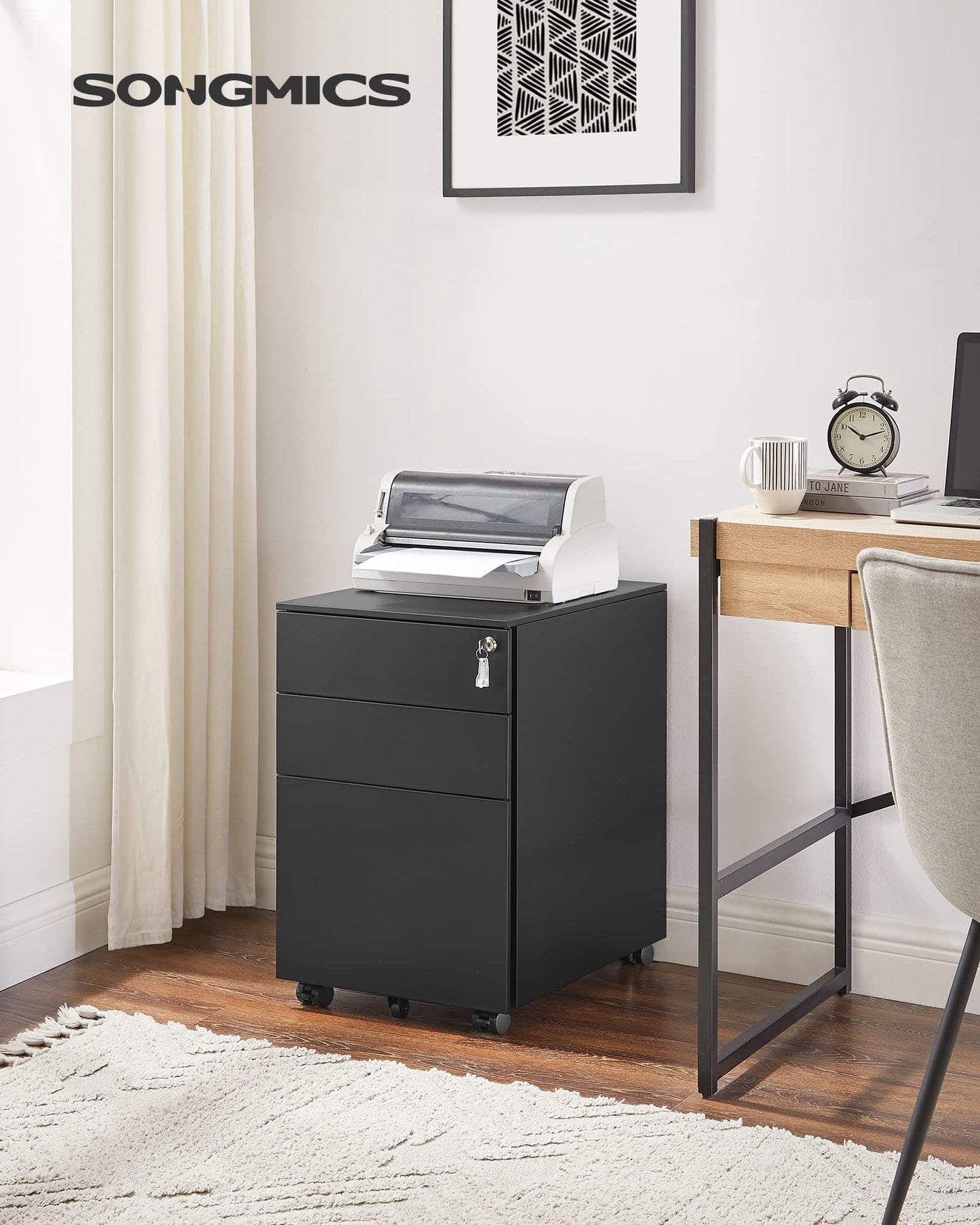 SONGMICS Rollcontainer, unter Schreibtisch, mit 3 Schublade, vormontiert, abschließbarer Büroschrank mit Hängeregistratur, für Akten, Dokumente, Schreibwaren, 52 x 39 x 60 cm, schwarz OFC60BK