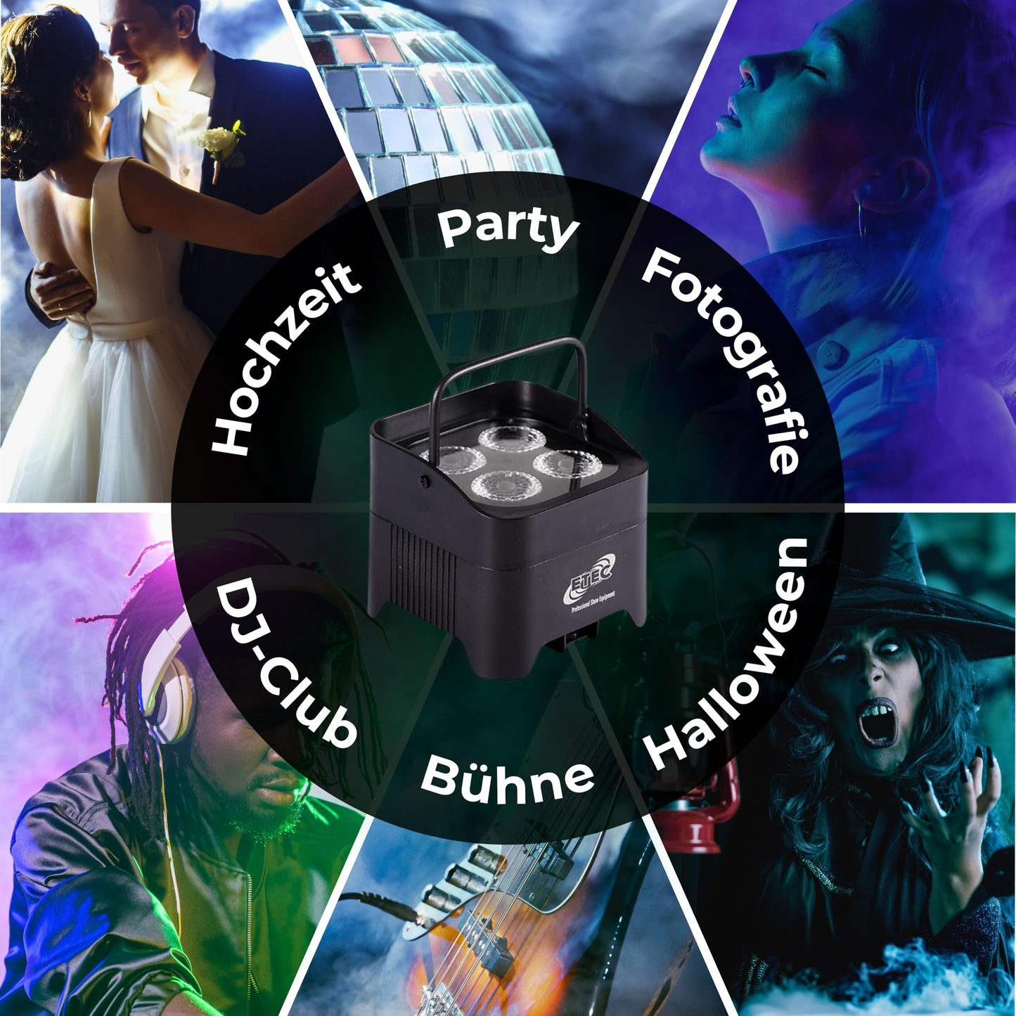 ETEC Professional Akku LED Par Scheinwerfer E412 mit 4x12W RGBWA+UV, Wireless DMX, Uplight, Floorspot, Disco, DJ, Party, Bühnenbeleuchtung - Funk Wifi Event Licht