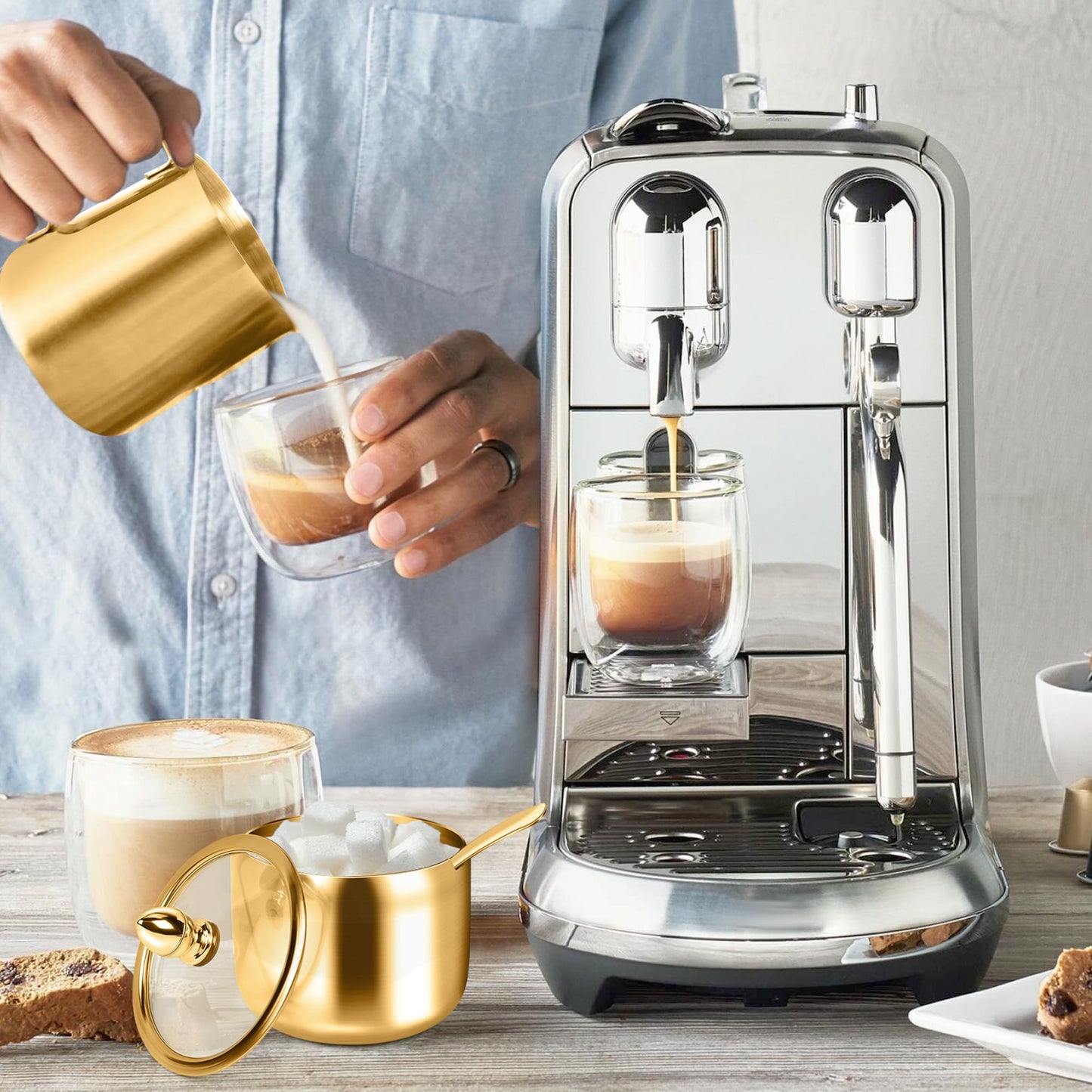 Zucker- und Milchkännchen-Set, Zuckerbehälter und Milchaufschäumkrug für Kaffeebar, Edelstahl, Zuckerdose mit Deckel und Löffel für Espressomaschinen-Zubehör (Gold)