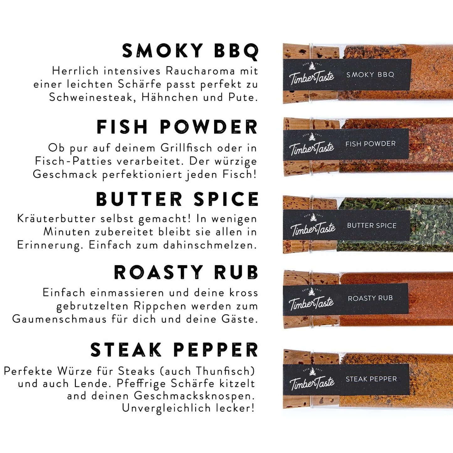 TIMBER TASTE® Grill Gewürze Geschenkset Männer | 5 erlesene BBQ Grillgewürze inkl. Rezepte | Grill Zubehör Ostern Geschenke für Männer | Gewürze Set Ostergeschenke für Erwachsene | Gewürzset