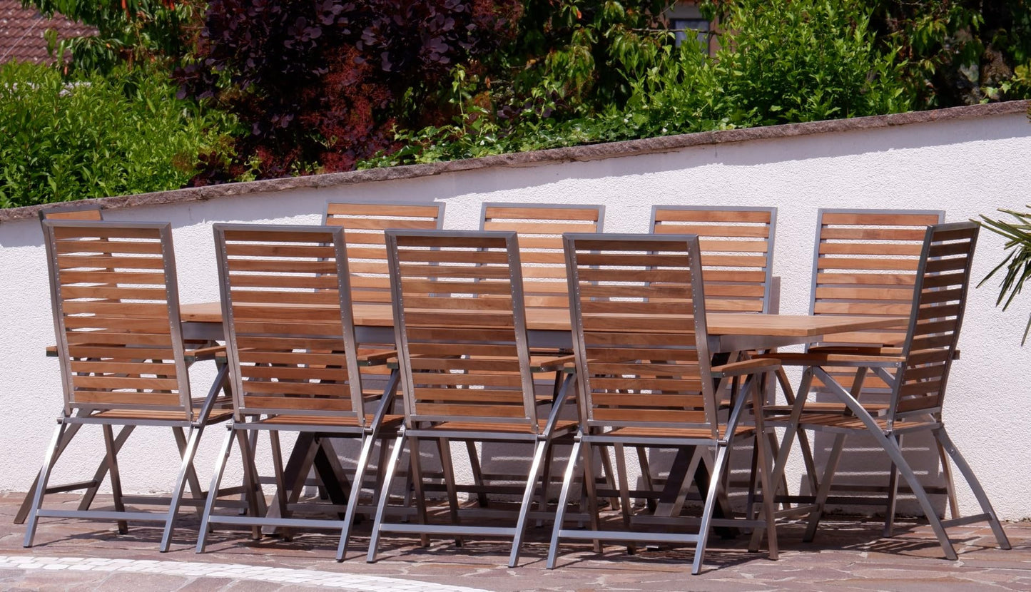 ALEOS. Gartengarnitur Edelstahl Teak Set: Ausziehtisch 200-260x100 cm + 10 Teak-Edelstahl Hochlehner, Sitzgruppe A-Grade Teak Holz - Serie Nassau - Gartenmöbel Set 10 Personen Gastronomie Qualität