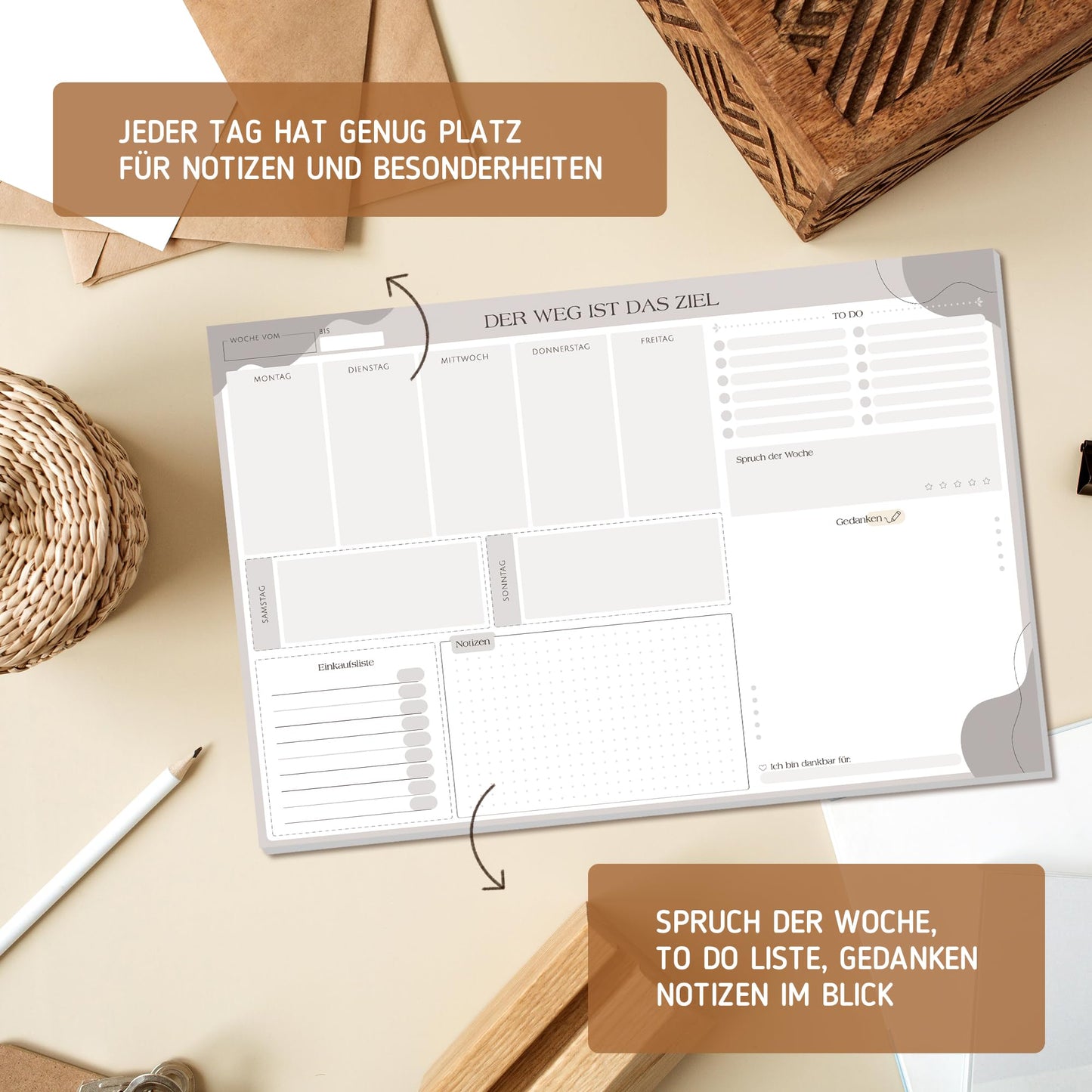 BIROYAL Wochenplaner Block Undatiert A3-50 Seiten Weekly Planner mit To Do Liste - Wochenkalender - Wochen Planer mit Wochenübersicht & Einkaufsliste - Schreibtischunterlage für Aufgaben & Termine