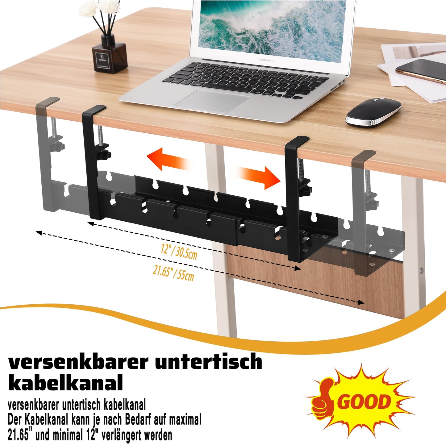 Kabelkanal Schreibtisch Ohne Bohren, HQQNUO Schwarz Einziehbarer 30.5-55cm Kabelmanagement Schreibtisch, Verstellbarer Metall Kabelhalter Kabel Organizer für Home Office Cable Management Under Desk