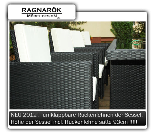 Ragnarök-Möbeldesign Wieland Premium PolyRattan Essgruppe - Deutscher Hersteller - 8 Jahre GARANTIE - Tisch Stuhl Hocker schwarz Aluminium