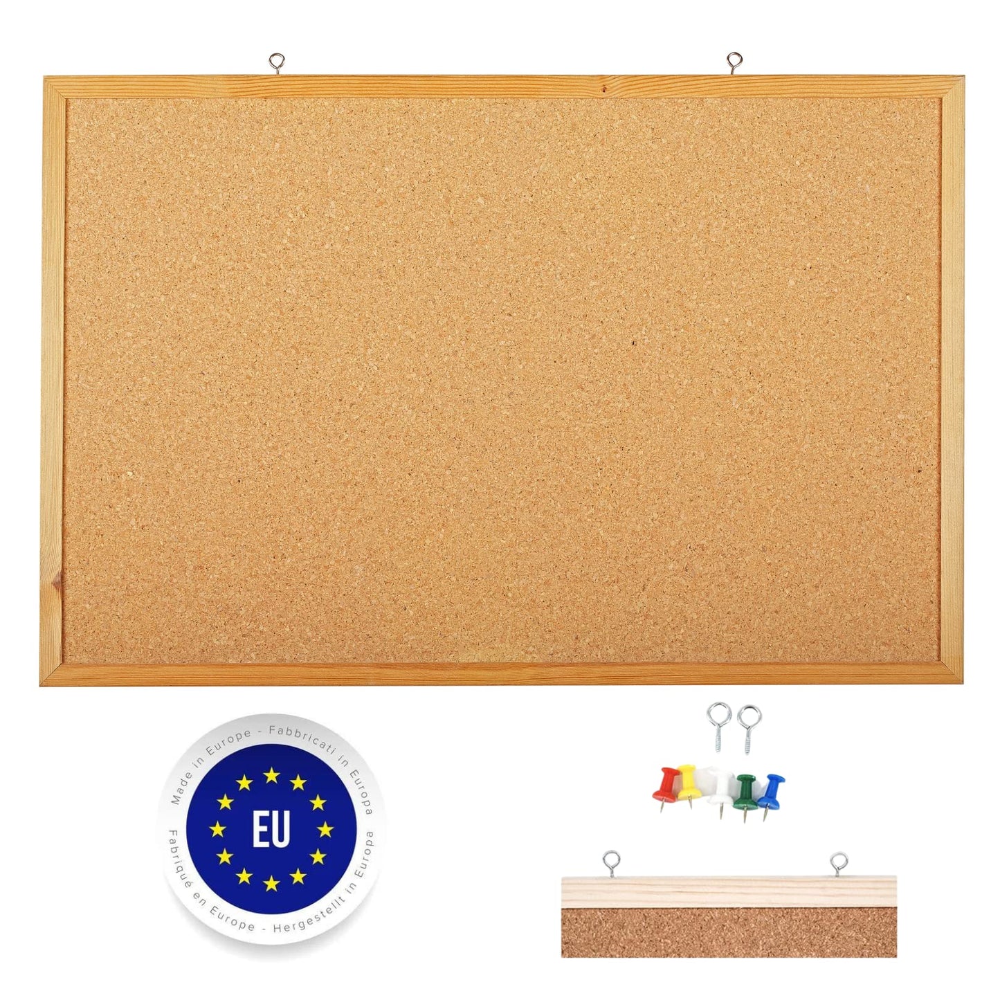 Raylu Paper® - Natürliche Korkplatte mit Rahmen aus Kiefernholz, Pinnwand mit Markierungen und Montageset. (60 x 40 cm)