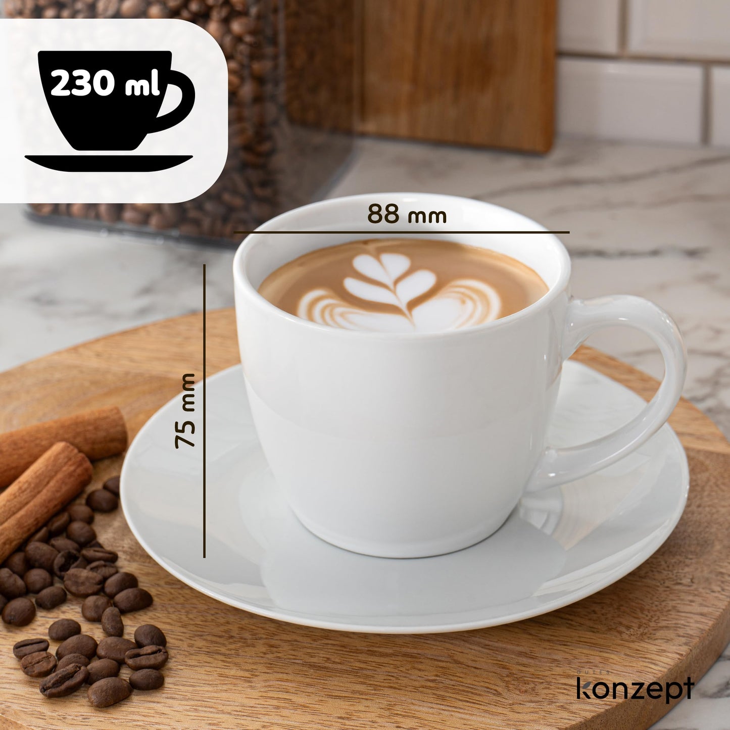 KONZEPT Kaffeetassen Set 6er mit Untertassen, Weiß, Tassen für 6 Personen aus Porzellan zum Bemalen, ideal für Tee, Kaffee, Cappucino, 230 ml