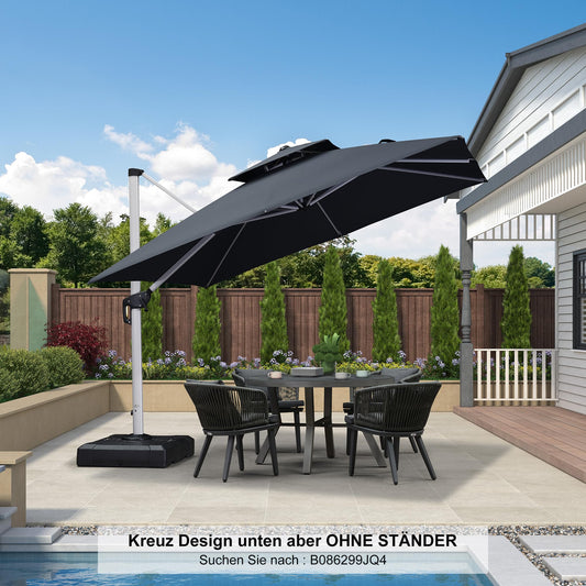 PURPLE LEAF Sonnenschirm Balkon 300 x 300 cm Ampelschirm Drehbar Marktschirm Groß 360° Rotation, Gartenschirm mit Kurbel, XXL Sonnenschutz UV50+, Grau