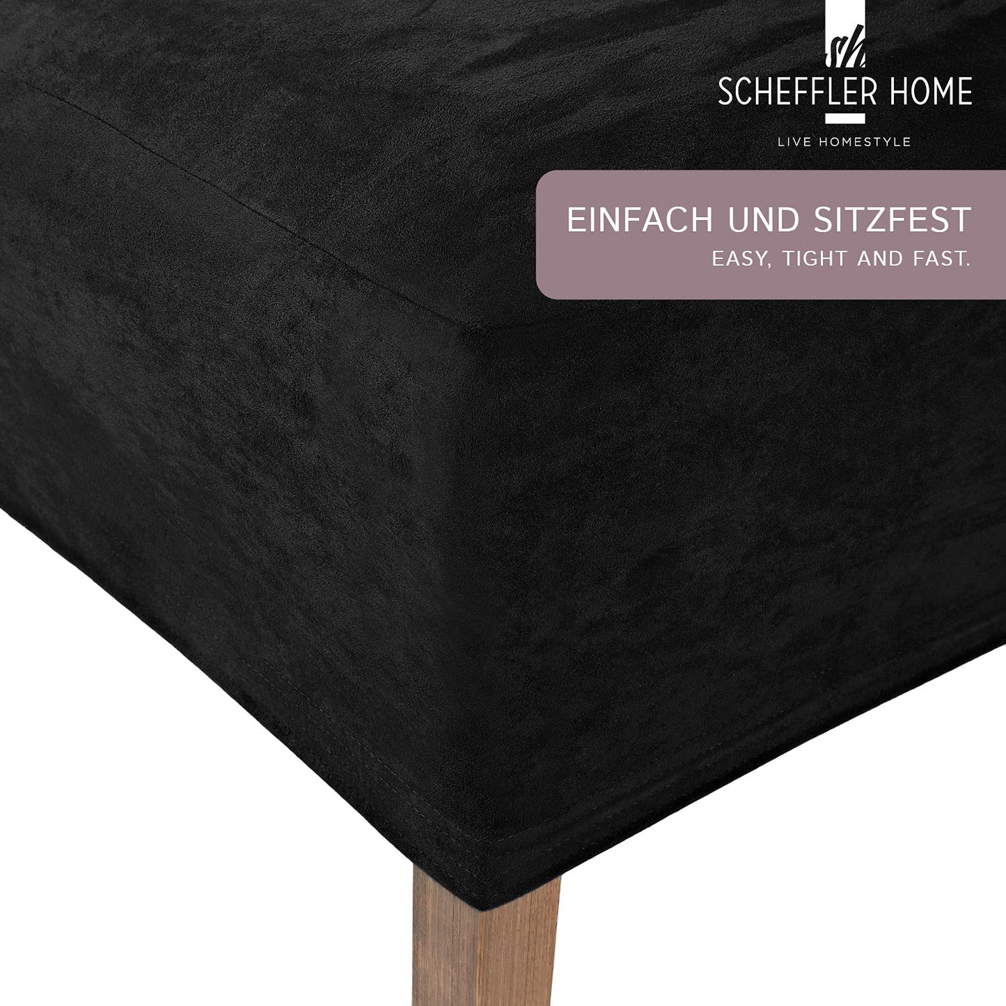 SCHEFFLER-Home Stuhlhussen 2er Set Leon Schwarz/elastische Wildleder Hussen für Stühle/Robustes Freischwinger Hussen Set/Stuhlhussen Stretch & Lederoptik/Stuhl Hussen waschbar