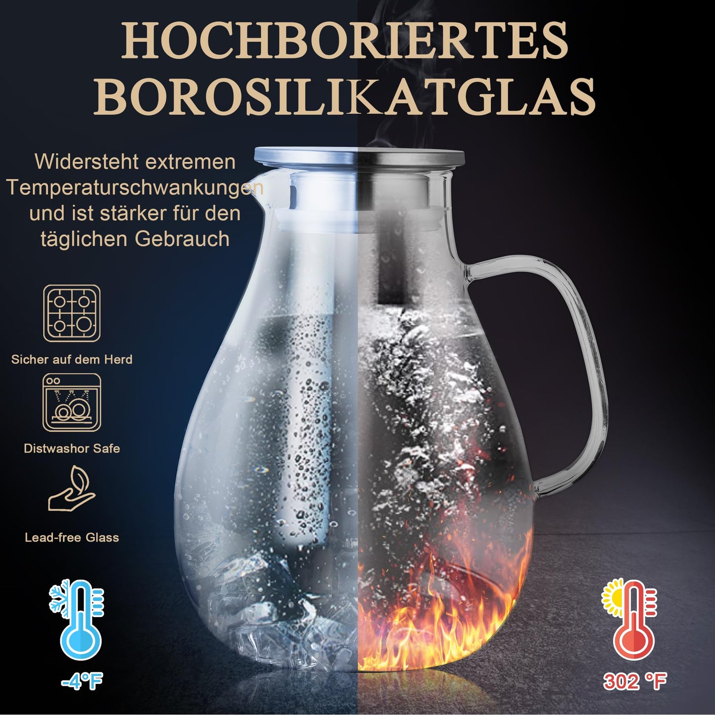 SUSTEAS 2.5 Liter 75oz Wasserkaraffe, Glaskaraffe mit Deckel und Breitem Griff, Leicht zu Reinigender Glas Karaffe für den Kühlschrank, Wasserkrug für Kaltes/Heißes Wasser, Eistee, Mit Bürste