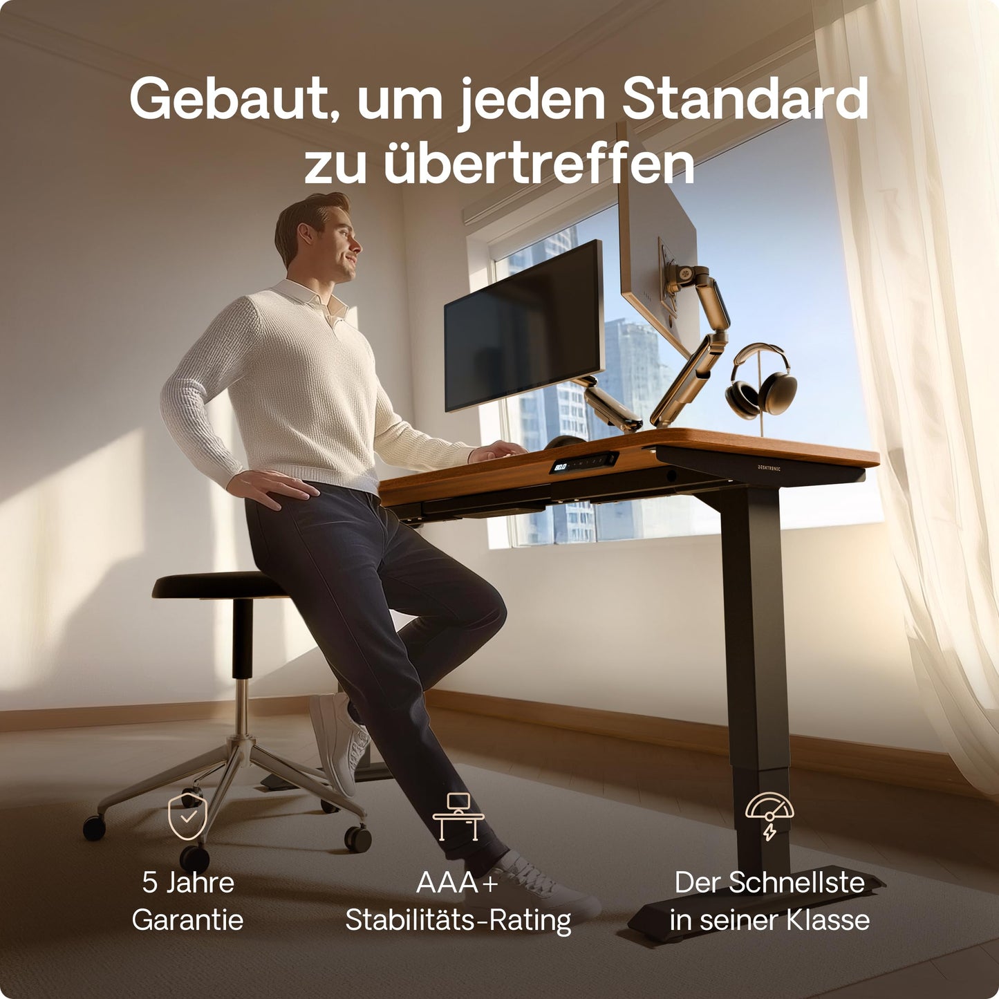 Desktronic HomePro Höhenverstellbarer Schreibtisch 160 × 80 cm – Elektrischer Schreibtisch Mit Zwei Elektrischen Motoren, Touchscreen-Steuerung und Integrierten USB-A- und USB-C-Ladeanschlüssen