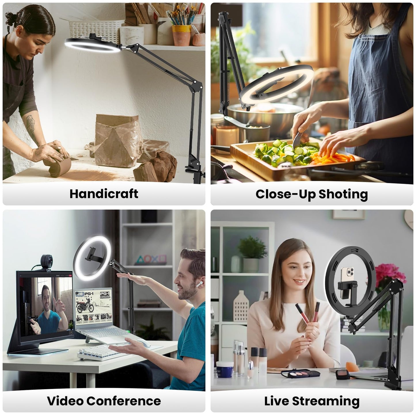LUXSURE Ringlicht mit Stativ, Overhead Stativ Handy mit Ringlicht, Handy Stativ mit Ringlicht 10", Handy Stativ Tisch mit Ring Light Ringleuchte für Inhaltserstellung, Live-Stream, Videoaufzeichnung