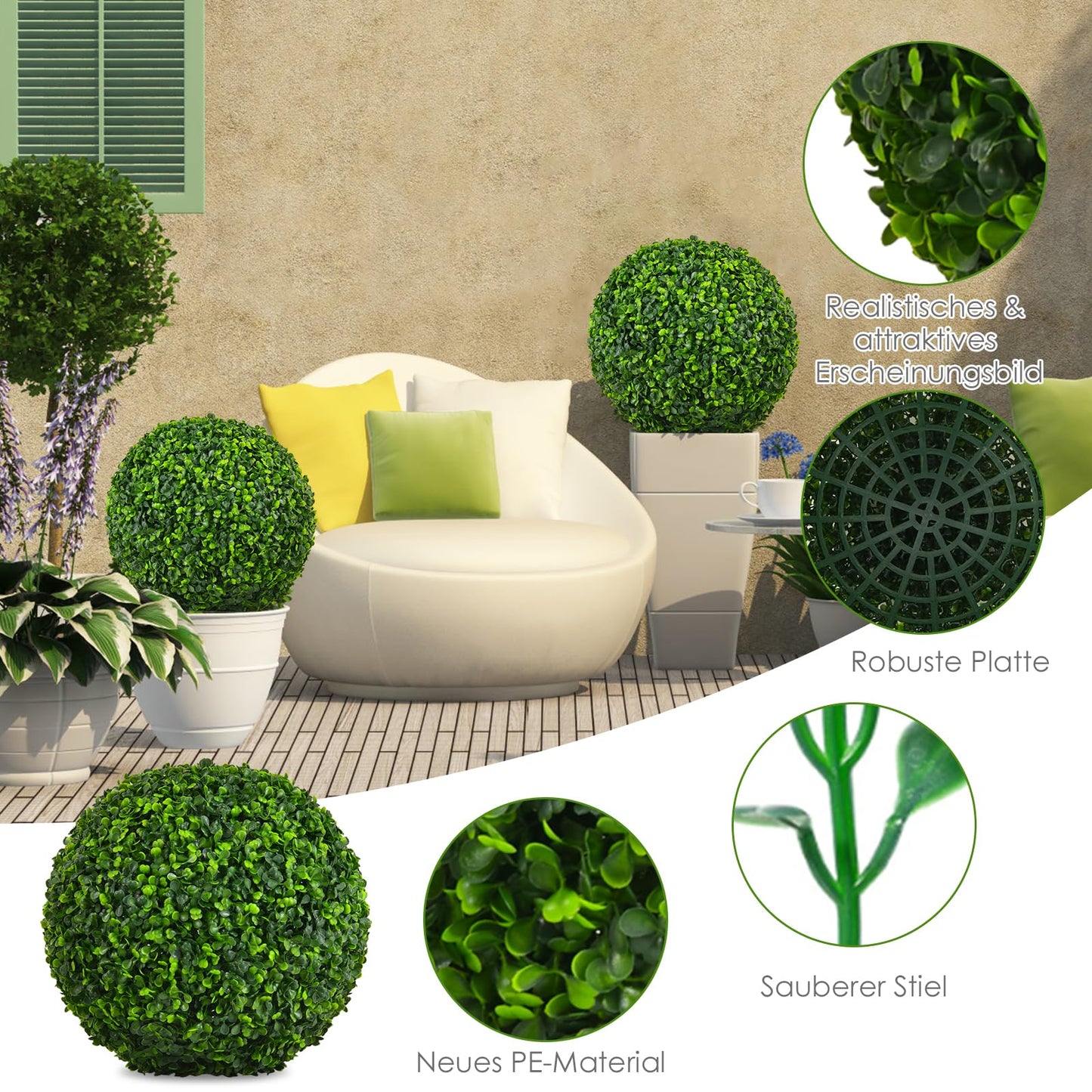 COSTWAY 2er Buchsbaumkugel 40 cm, Buchsbaum Kugel UV-beständig, Formschnitt Kunstpflanze Dekopflanze, Buchskugel Künstliche Pflanze, dekorative Kugelpflanzen für Haus Garten Hochzeit, Dunkelgrün