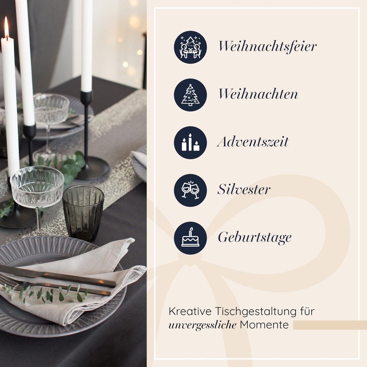 100%Mosel Tischläufer Leinenoptik Grau, Punkte in Silber, (28 cm x 5 m), Tischband, edle Tischdeko für Weihnachten & Adventszeit, Festliche Dekoration zu besonderen Anlässen