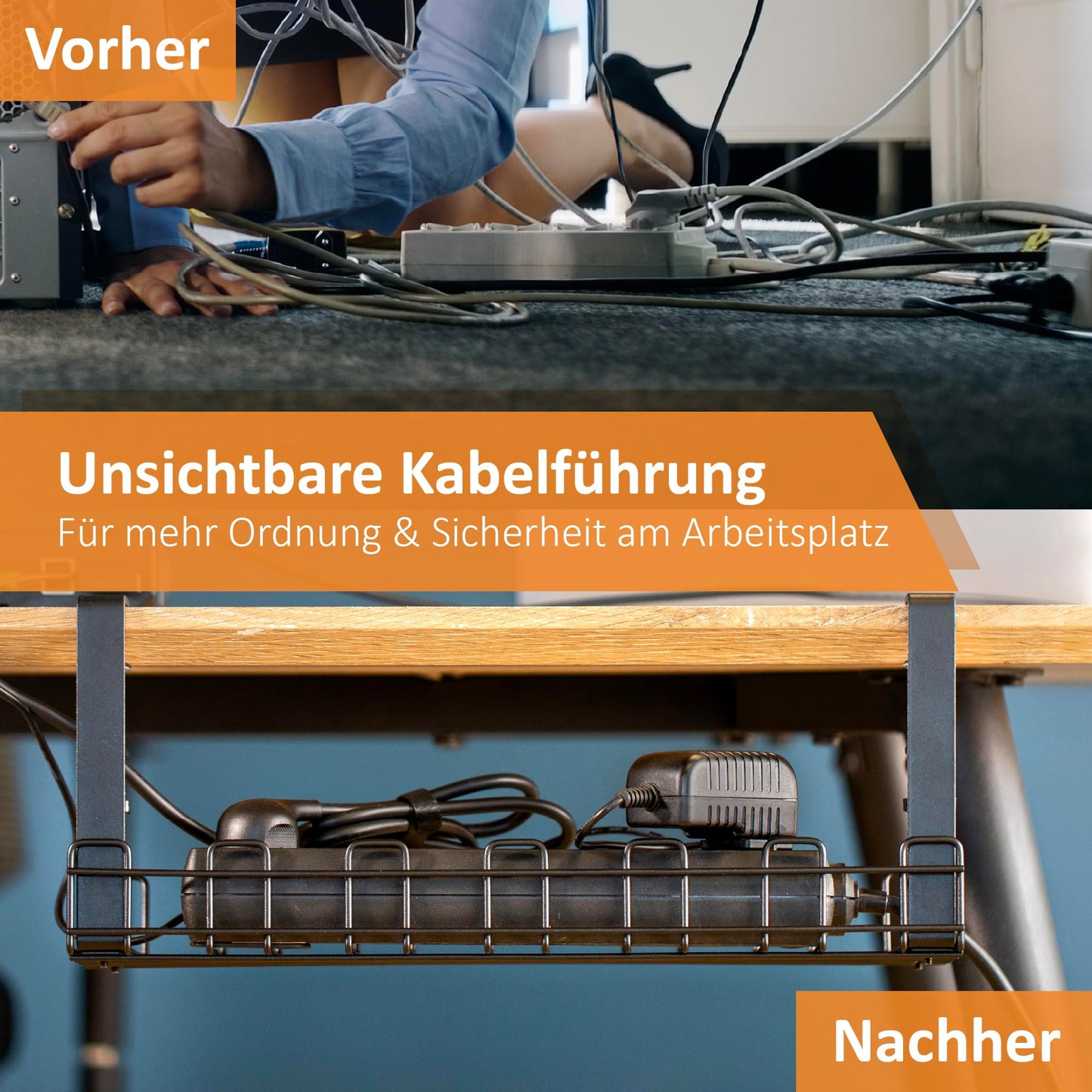 Stilemo Kabelkanal Schreibtisch ohne Bohren - Kabelmanagement Schreibtisch für Ordnung am Arbeitsplatz ohne Schrauben - Kabelhalter Kabelwanne Tisch - Kabelkanal mit Klemme - 39x13x16cm - Schwarz