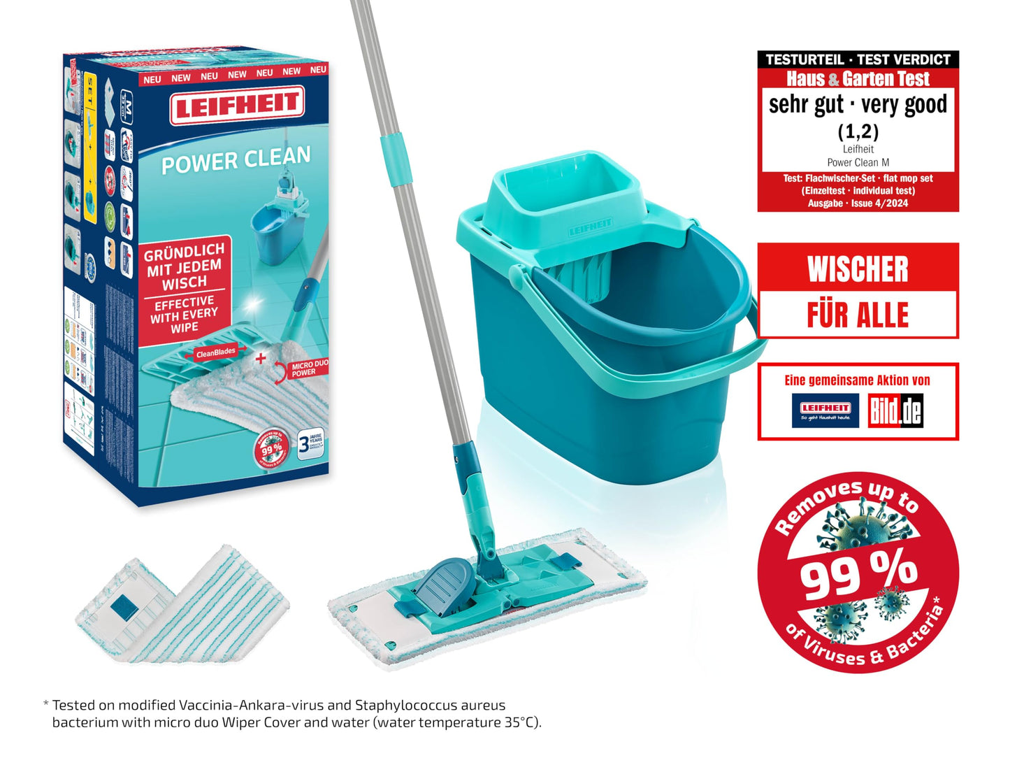 Leifheit Set POWER CLEAN, Wischer für Alle, rückenschonender Bodenwischer mit Reinigungsklingen, Wischtuchpresse, Wischmopp Set mit Eimer und 2x Mikrofaser Wischbezüge für alle Hartböden, Click-System