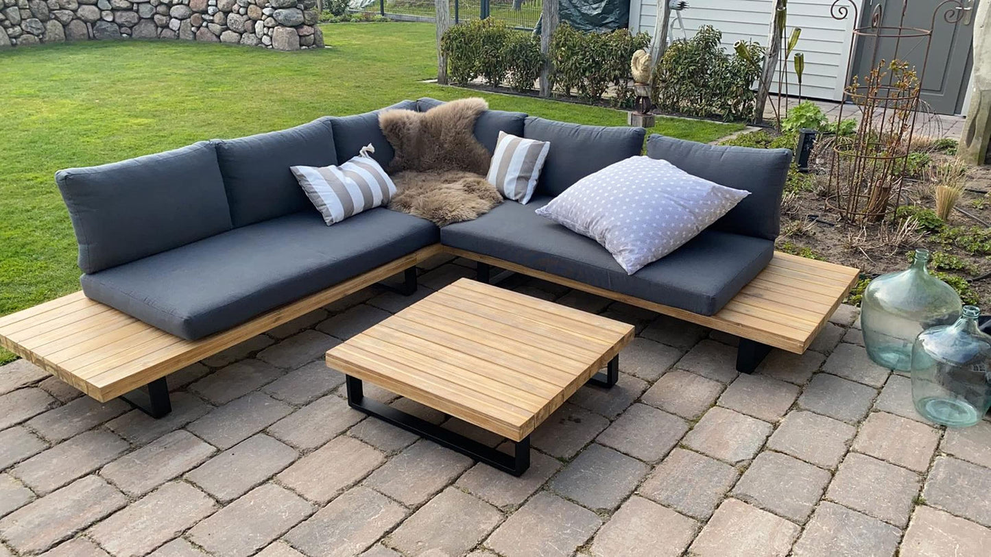 Mendler Garten-Garnitur HWC-H54, Garnitur Sitzgruppe Lounge-Set, Spun Poly Akazie Holz FSC® Alu - Hellbraun, Polster dunkelgrau