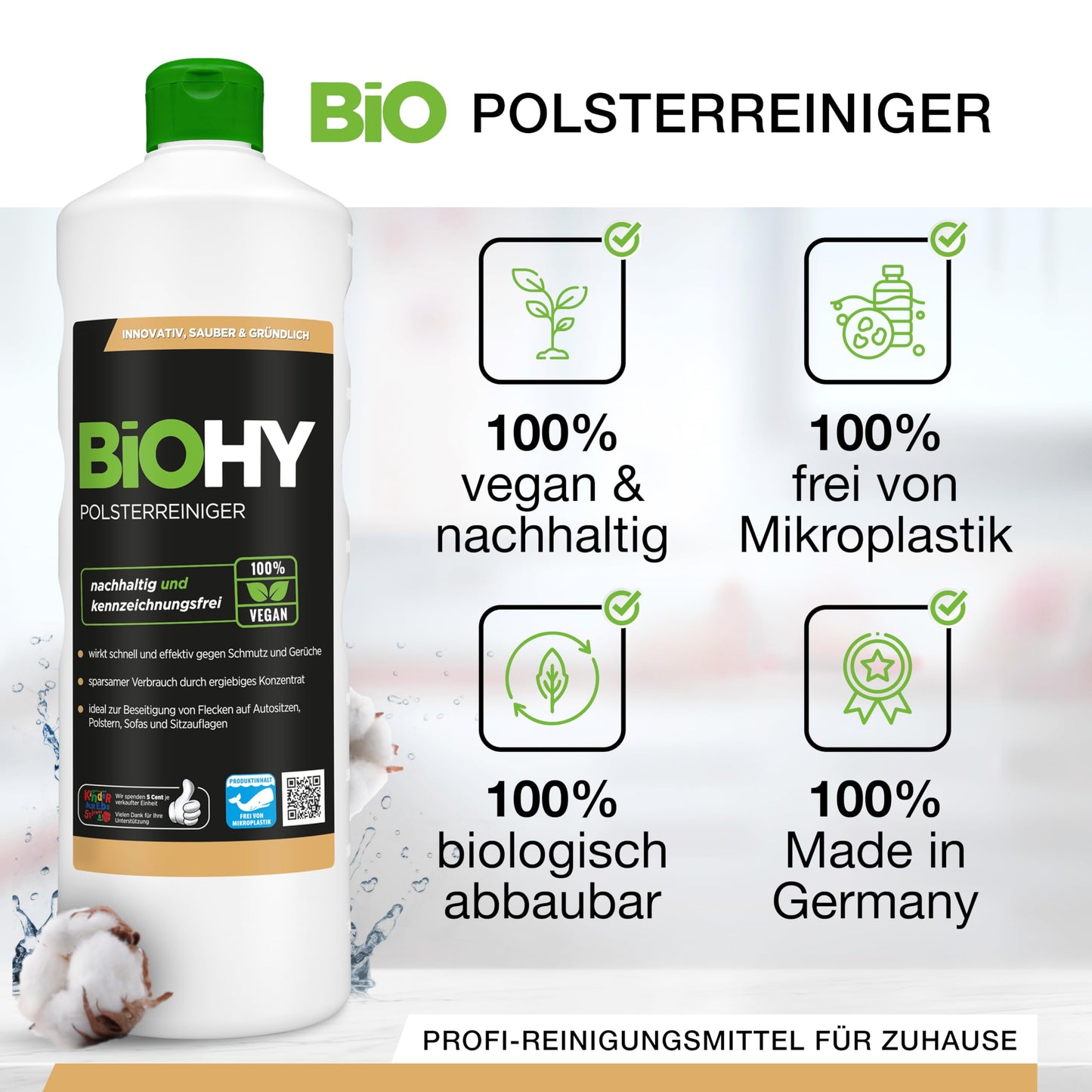 BiOHY Spezial Polsterreiniger (1l Flasche) | Konzentrat für Sofas, Polstermöbel, Teppiche & Textilien | für Nasssauger & Waschsauger | Fleckentferner | effektiver Textilerfrischer