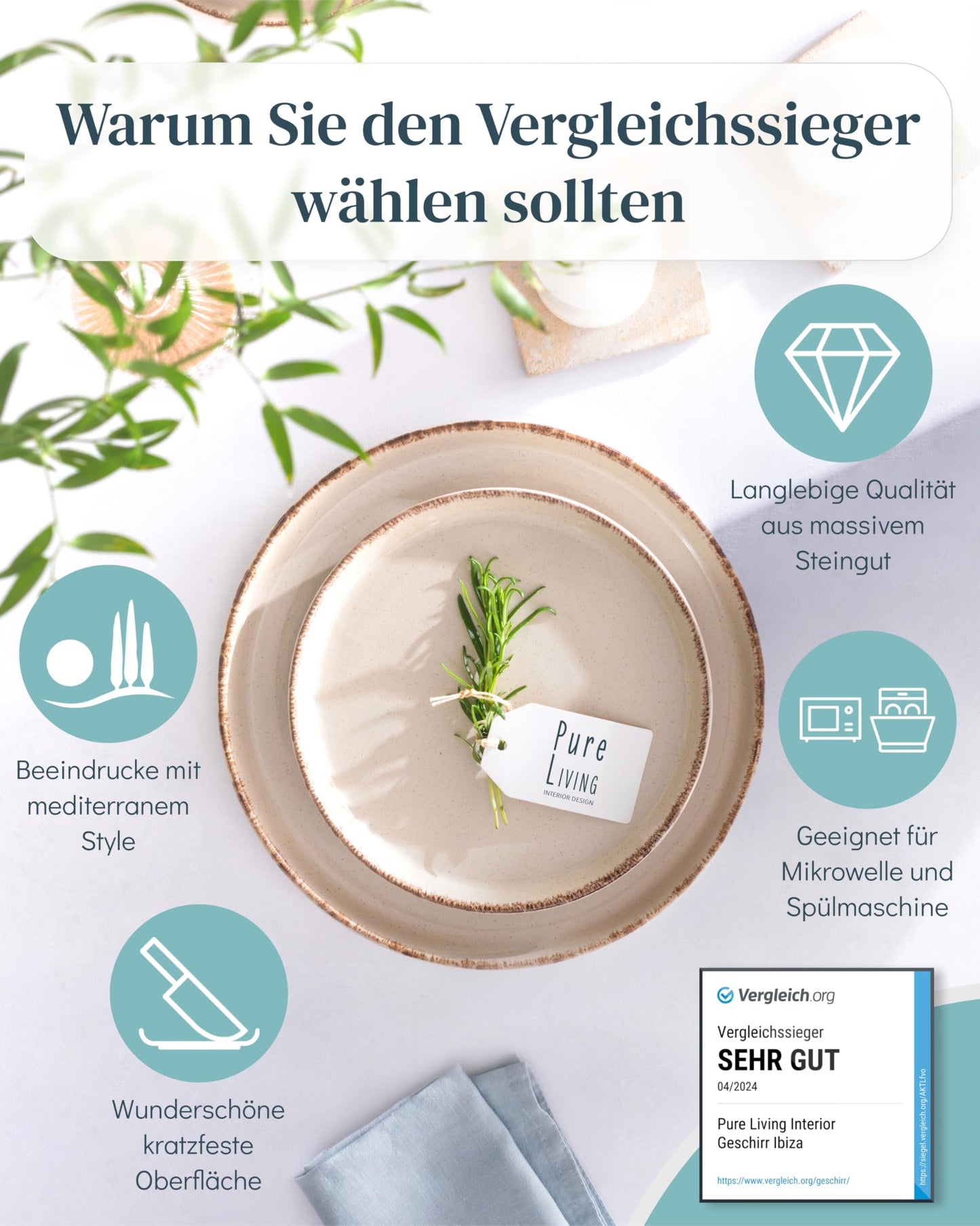 Steingut Geschirrset 12 Pers. Rustic 48-tlg Hochwertiges Landhausstil TEST SEHR GUT Steingut Geschirr Set - Schüssel- und Teller Set - Tafelservice 12 Personen Geschirrsets Pure Living in beige