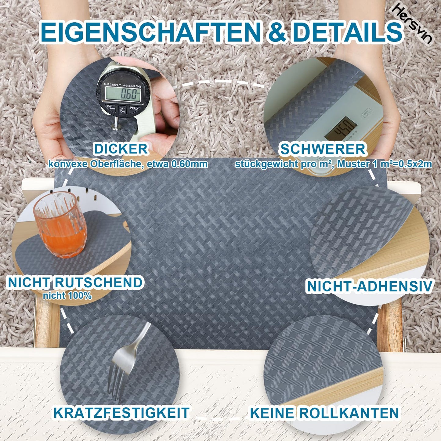 Hersvin Schubladenmatte 44.5cmx500cm Schrankpapier Schubladeneinlage Eva Wasserfest Nicht Klebende Unterlage Teppich für Küchenschränke (Grau/Gekreuzte Streifen)