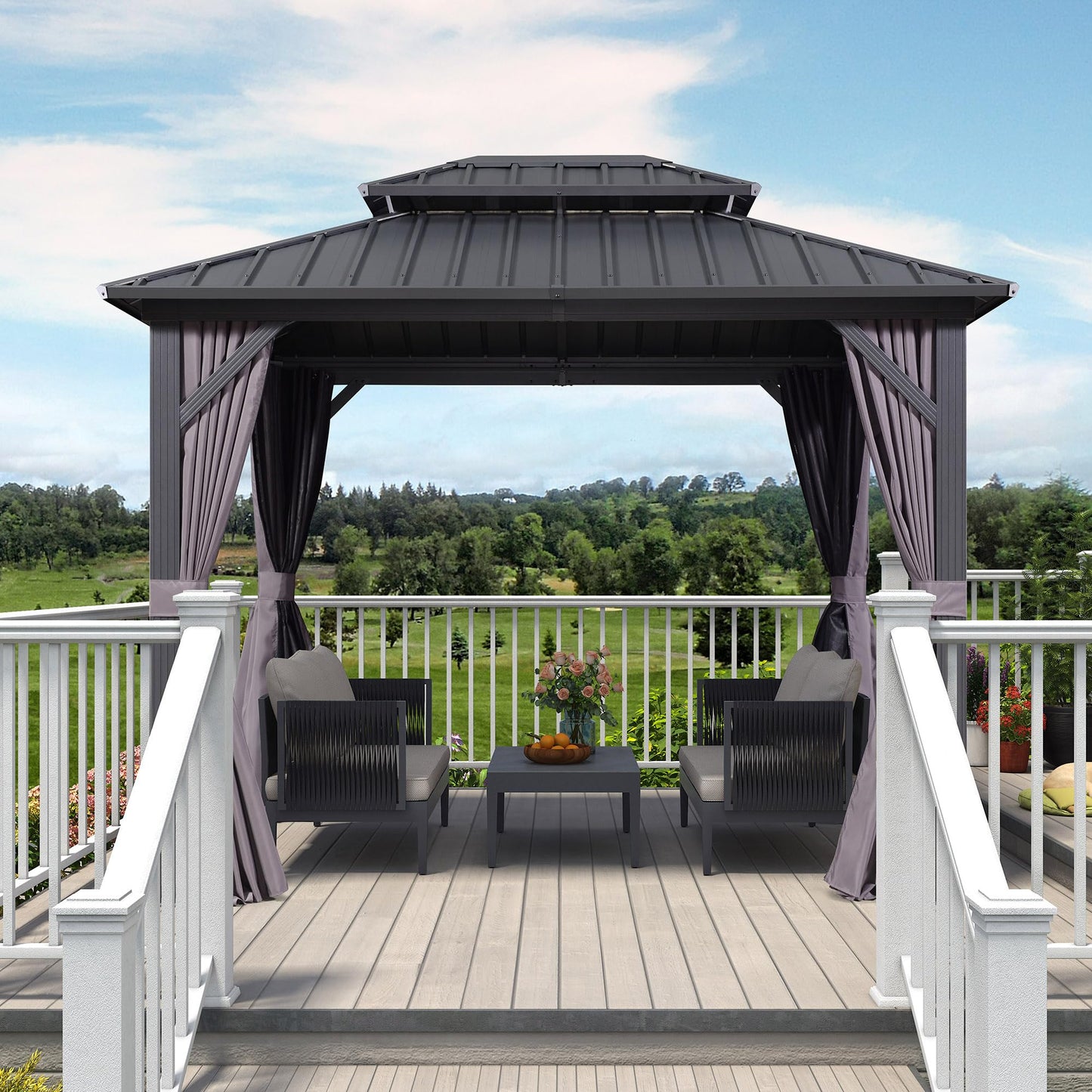 PURPLE LEAF Alu Pavillon 2.4 x 3 m Festem Dach, Basisch Pavillon Wasserdicht Stabil Winterfest Gartenpavillon mit Seitenteilen Stahldach Hardtop Pavillon für Grillpavillon, Grau